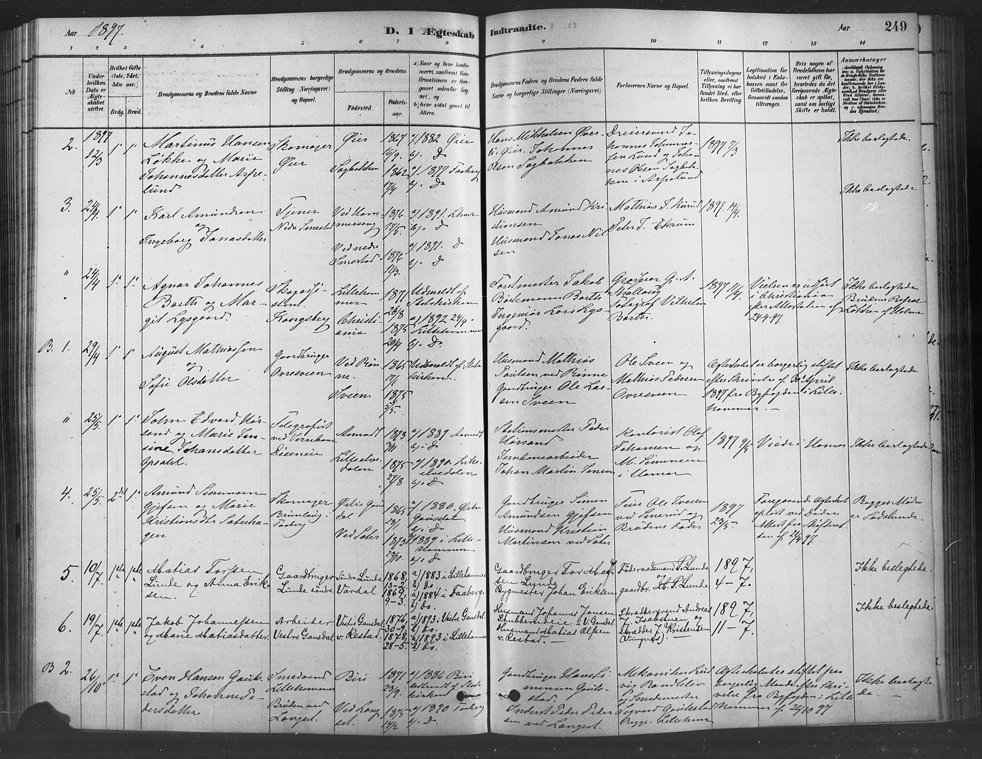 Fåberg prestekontor, SAH/PREST-086/H/Ha/Haa/L0009: Parish register (official) no. 9, 1879-1898, p. 249