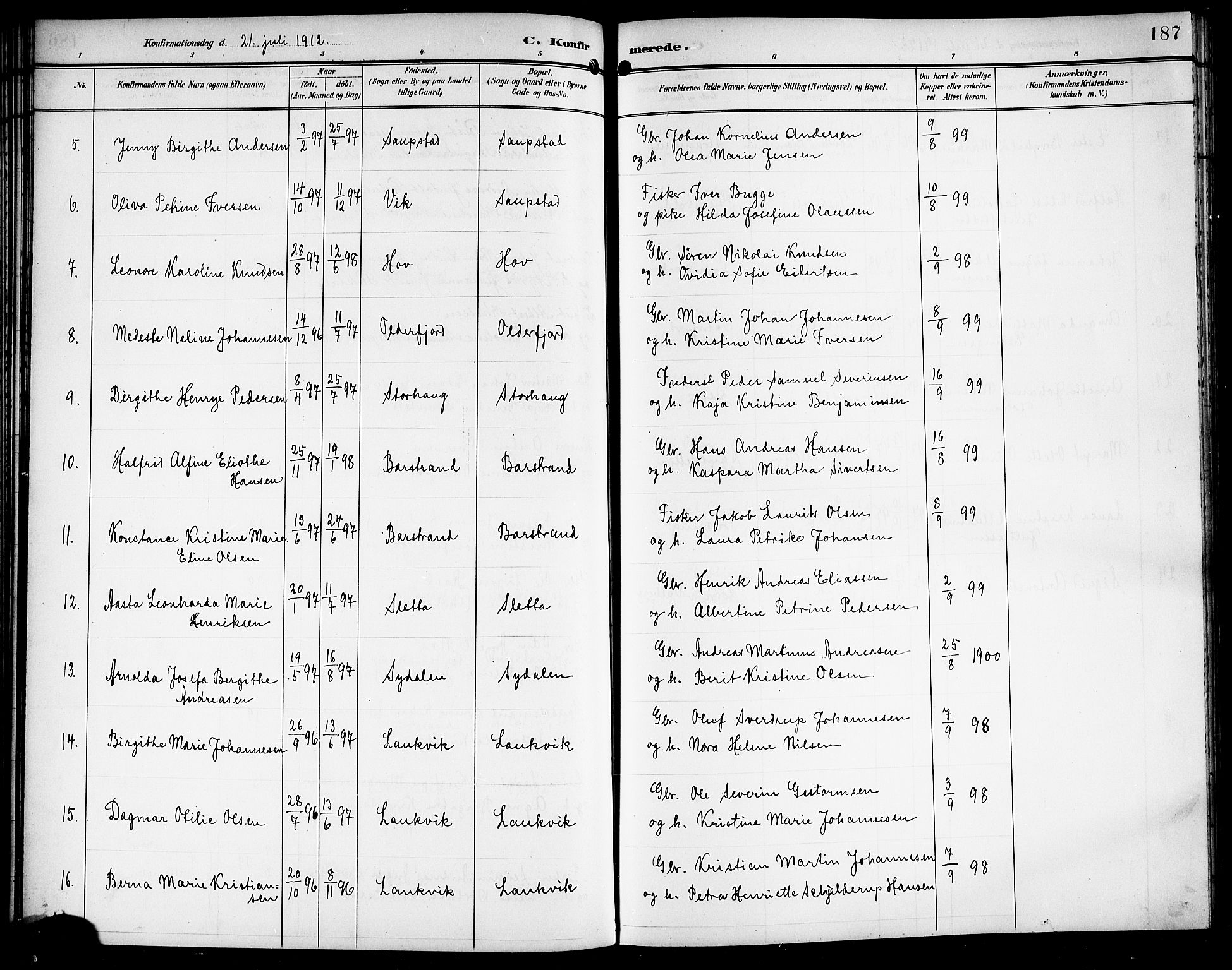 Ministerialprotokoller, klokkerbøker og fødselsregistre - Nordland, AV/SAT-A-1459/876/L1105: Parish register (copy) no. 876C04, 1896-1914, p. 187