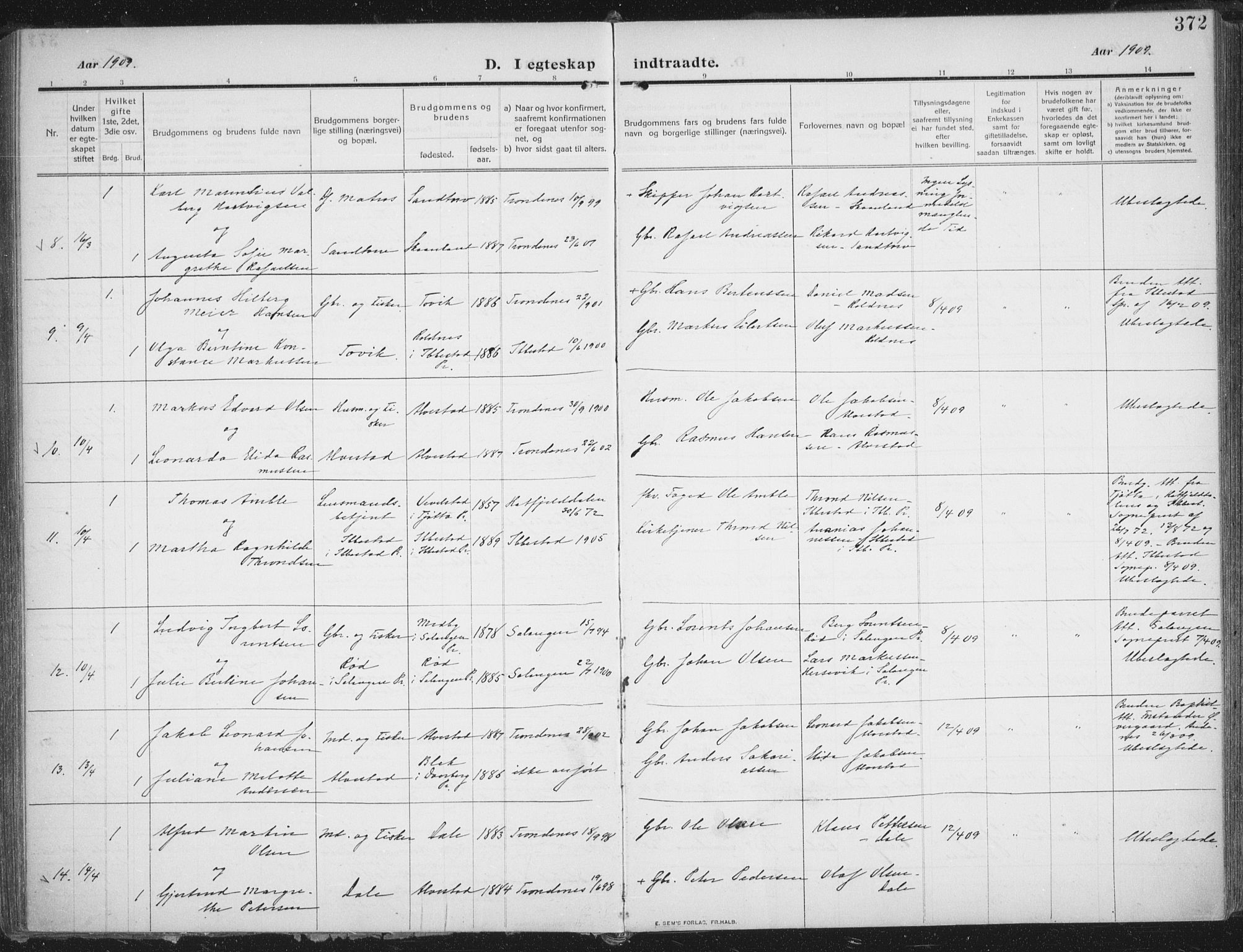 Trondenes sokneprestkontor, SATØ/S-1319/H/Ha/L0018kirke: Parish register (official) no. 18, 1909-1918, p. 372