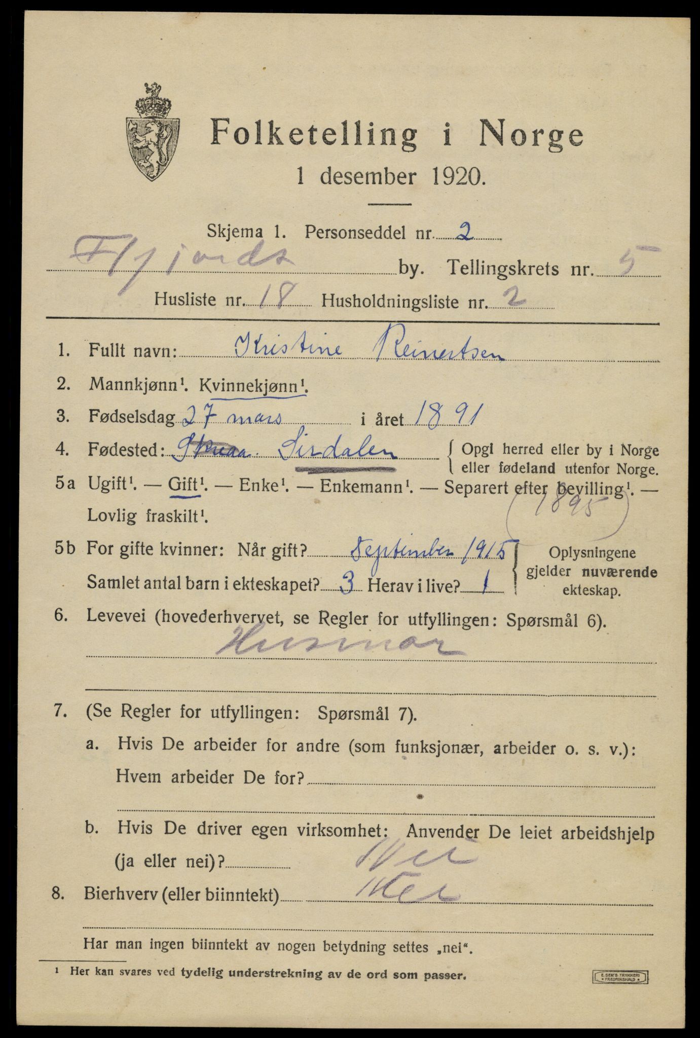 SAK, 1920 census for Flekkefjord, 1920, p. 5436