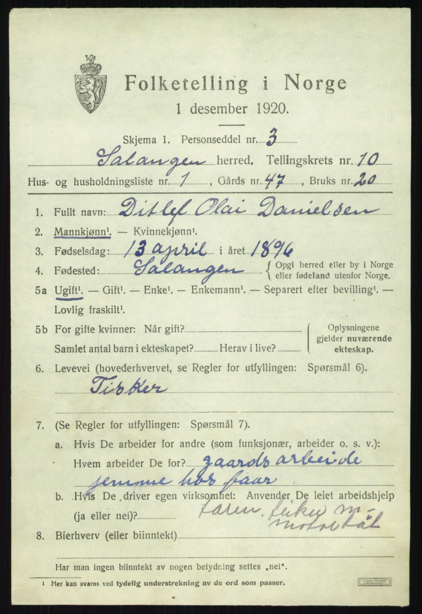 SATØ, 1920 census for Salangen, 1920, p. 6272