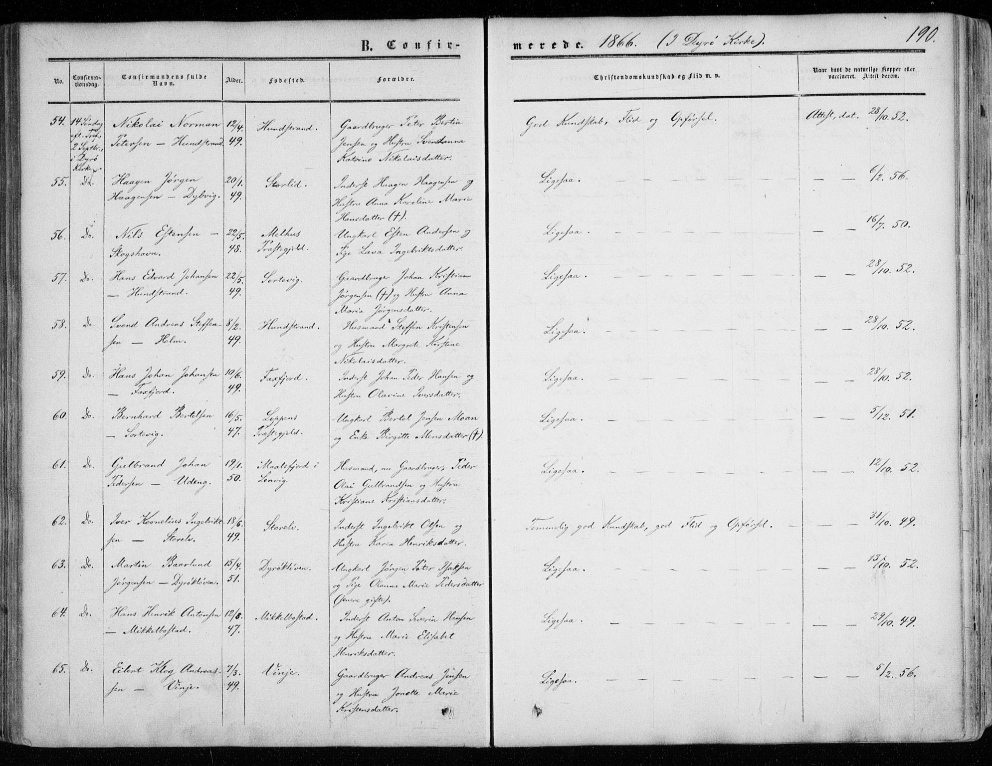 Tranøy sokneprestkontor, AV/SATØ-S-1313/I/Ia/Iaa/L0007kirke: Parish register (official) no. 7, 1856-1866, p. 190