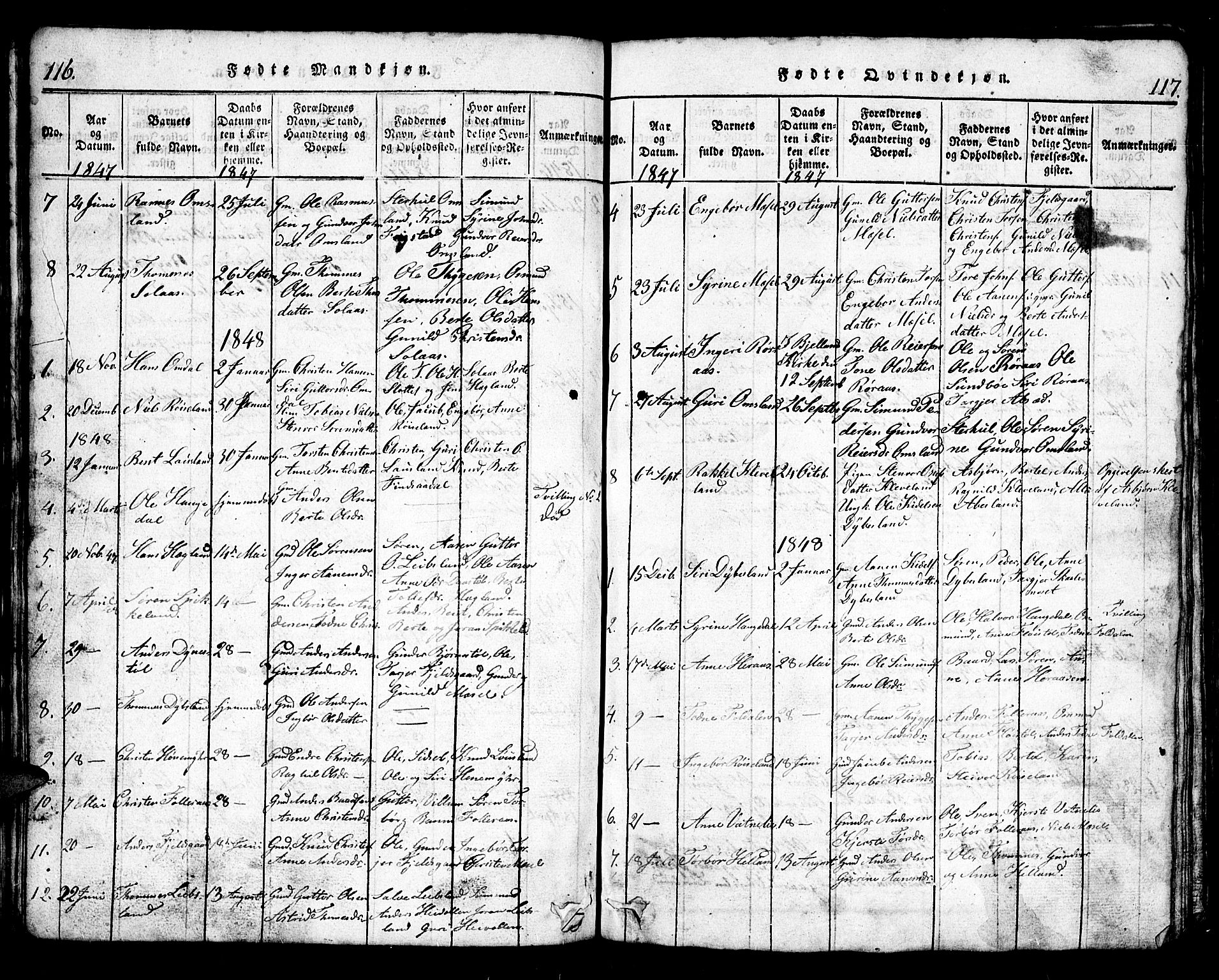 Bjelland sokneprestkontor, SAK/1111-0005/F/Fb/Fbb/L0003: Parish register (copy) no. B 3, 1816-1868, p. 116-117