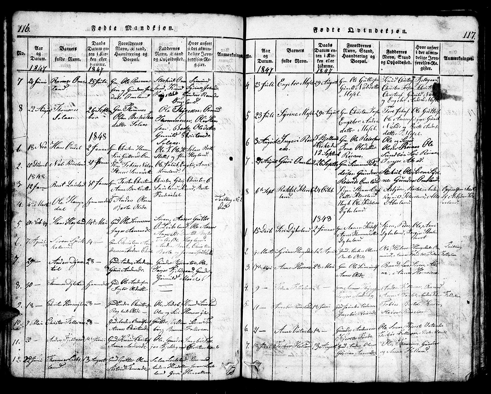 Bjelland sokneprestkontor, AV/SAK-1111-0005/F/Fb/Fbb/L0003: Parish register (copy) no. B 3, 1816-1868, p. 116-117