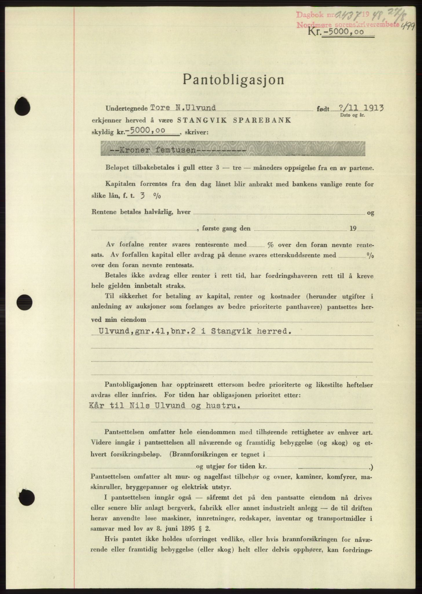 Nordmøre sorenskriveri, AV/SAT-A-4132/1/2/2Ca: Mortgage book no. B99, 1948-1948, Diary no: : 2437/1948