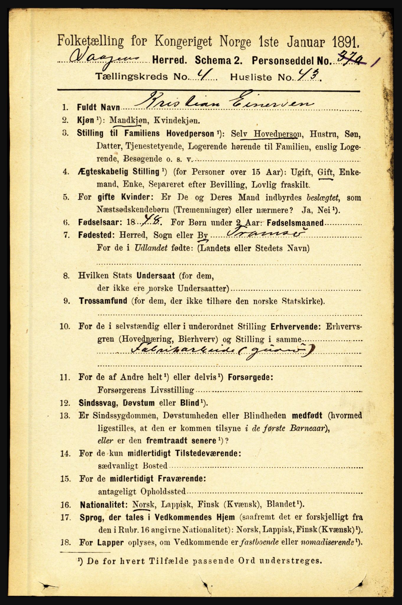 RA, 1891 census for 1865 Vågan, 1891, p. 1309