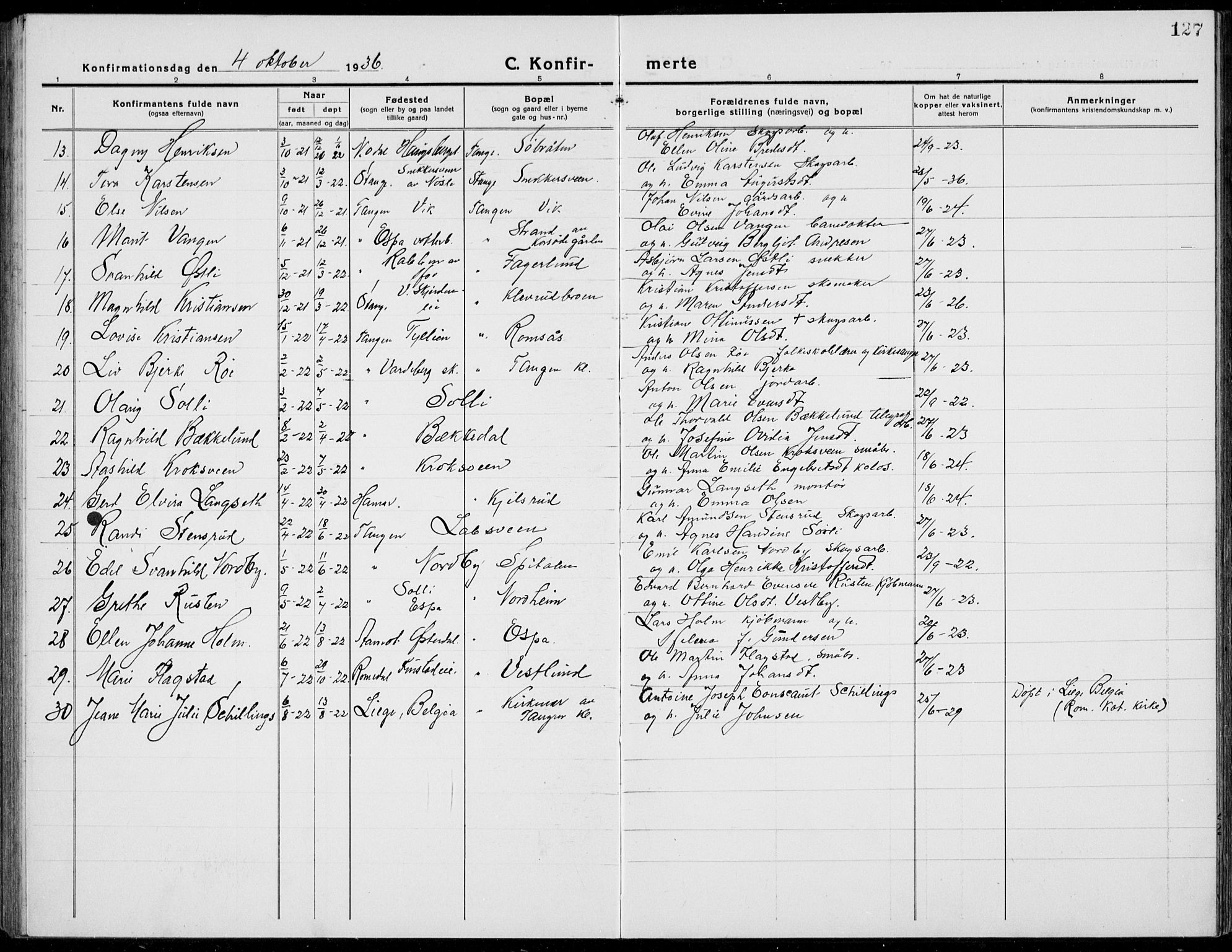 Stange prestekontor, AV/SAH-PREST-002/L/L0017: Parish register (copy) no. 17, 1918-1936, p. 127