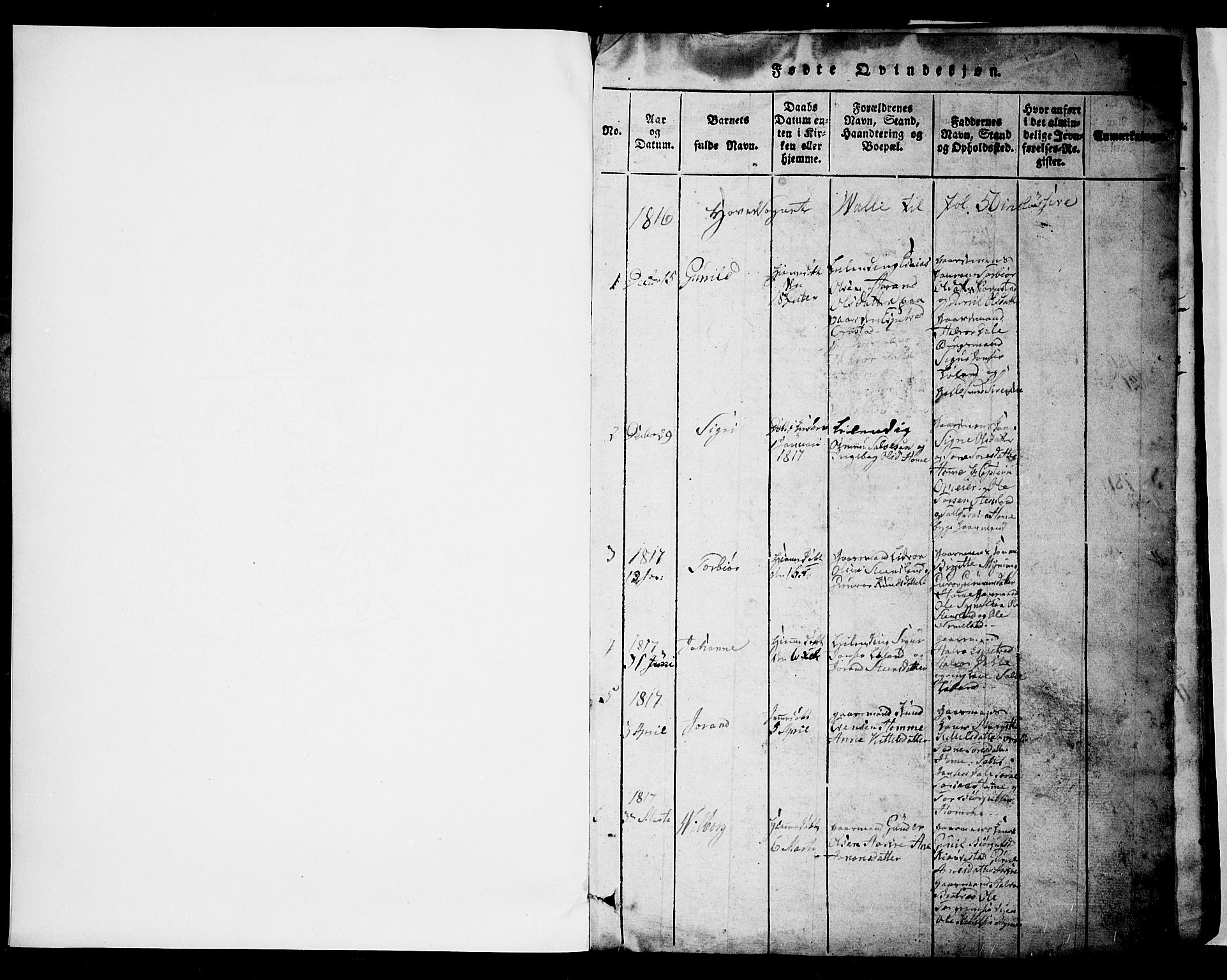 Valle sokneprestkontor, SAK/1111-0044/F/Fb/Fbc/L0001: Parish register (copy) no. B 1 /1, 1816-1829, p. 1