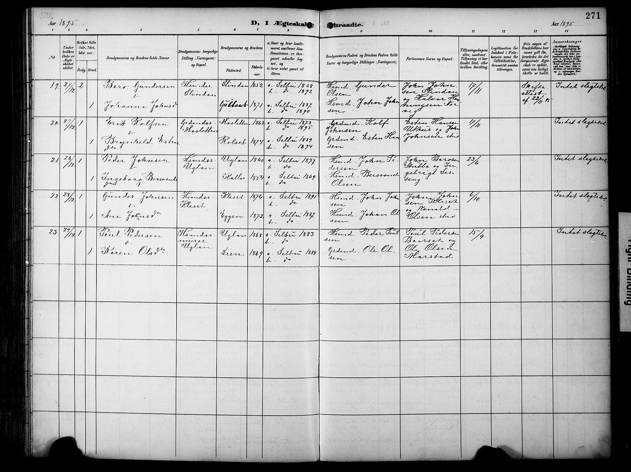 Ministerialprotokoller, klokkerbøker og fødselsregistre - Sør-Trøndelag, AV/SAT-A-1456/695/L1149: Parish register (official) no. 695A09, 1891-1902, p. 271