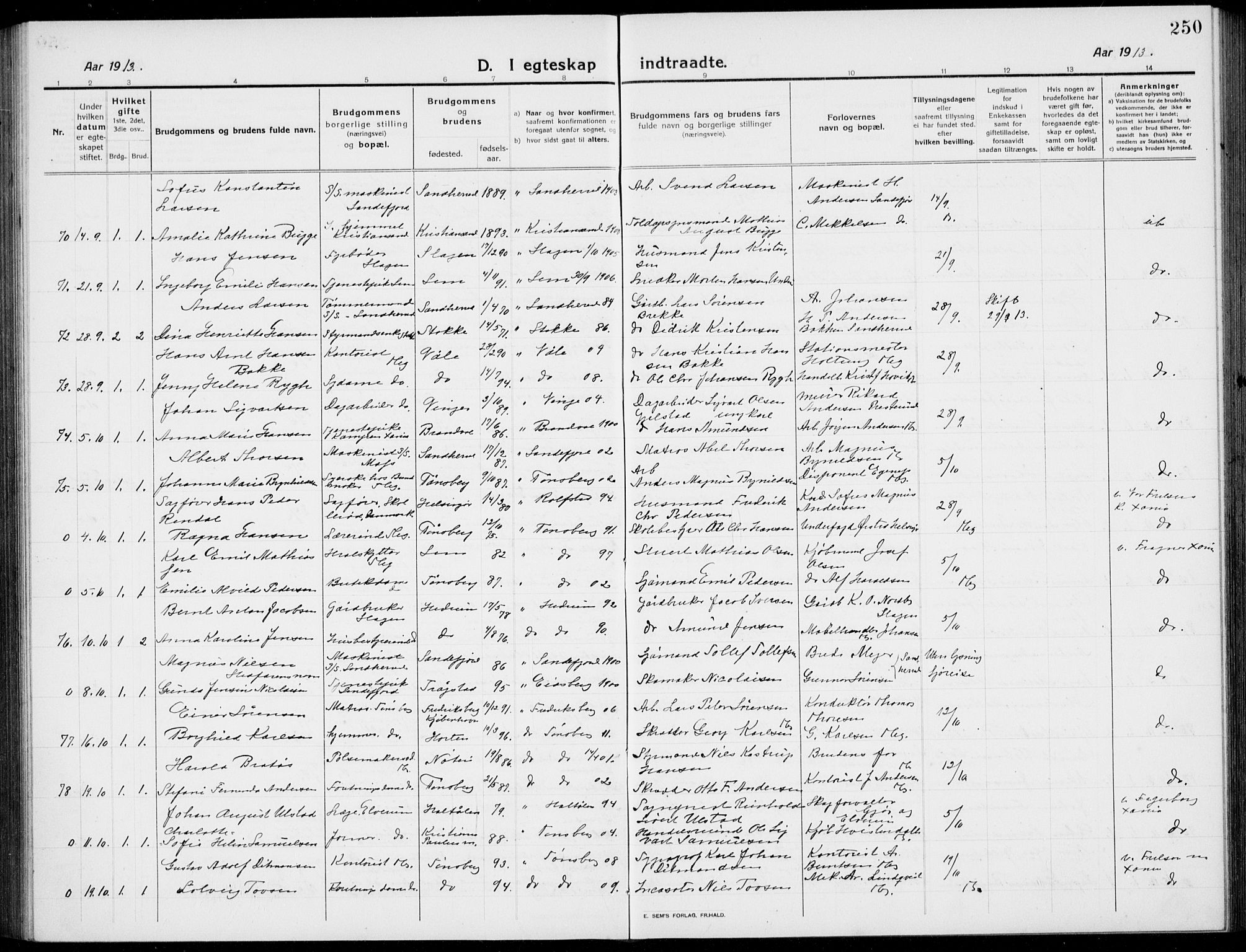 Tønsberg kirkebøker, AV/SAKO-A-330/G/Ga/L0009: Parish register (copy) no. 9, 1913-1920, p. 250