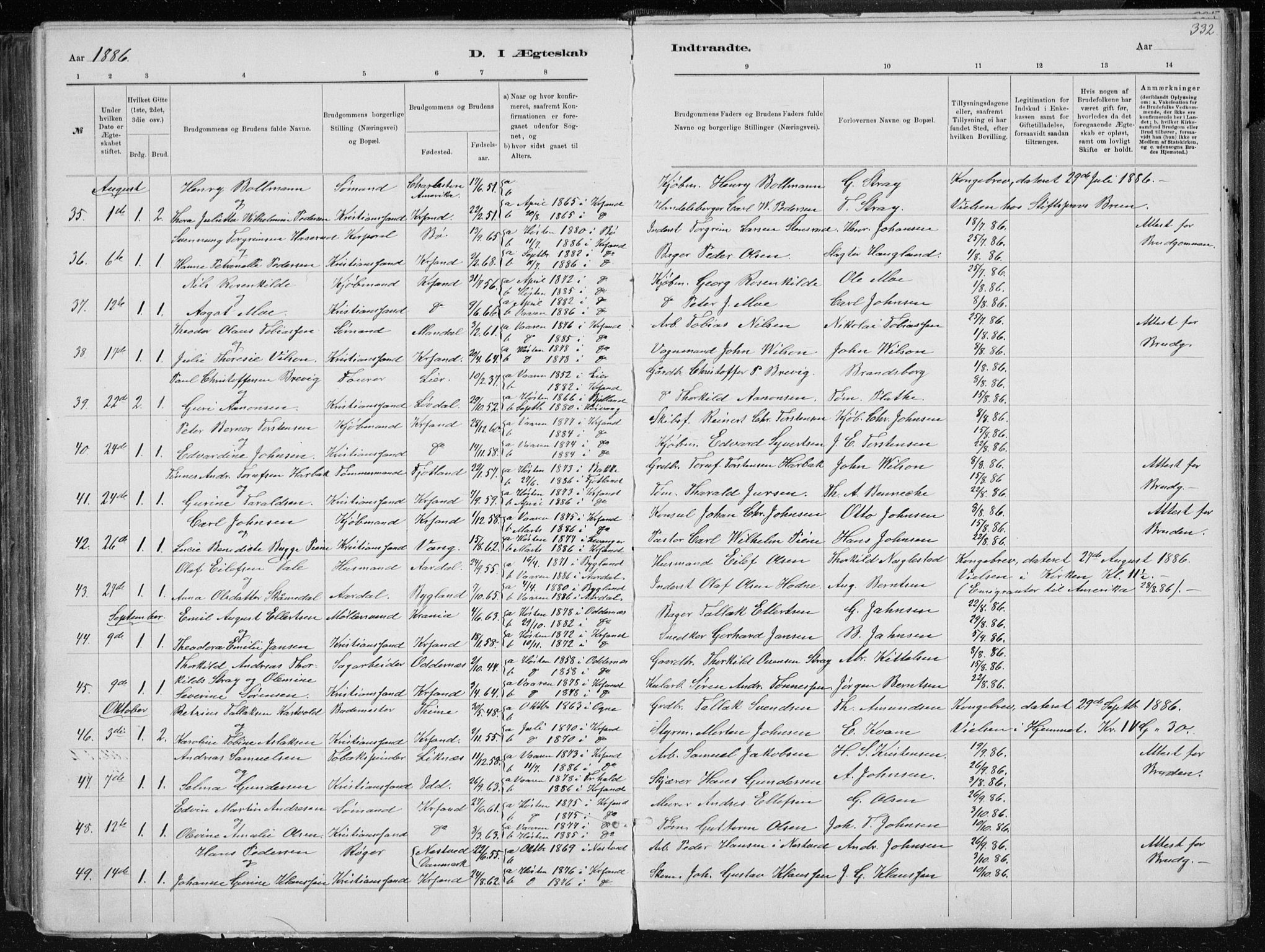 Kristiansand domprosti, SAK/1112-0006/F/Fb/L0014: Parish register (copy) no. B 14, 1881-1896, p. 332