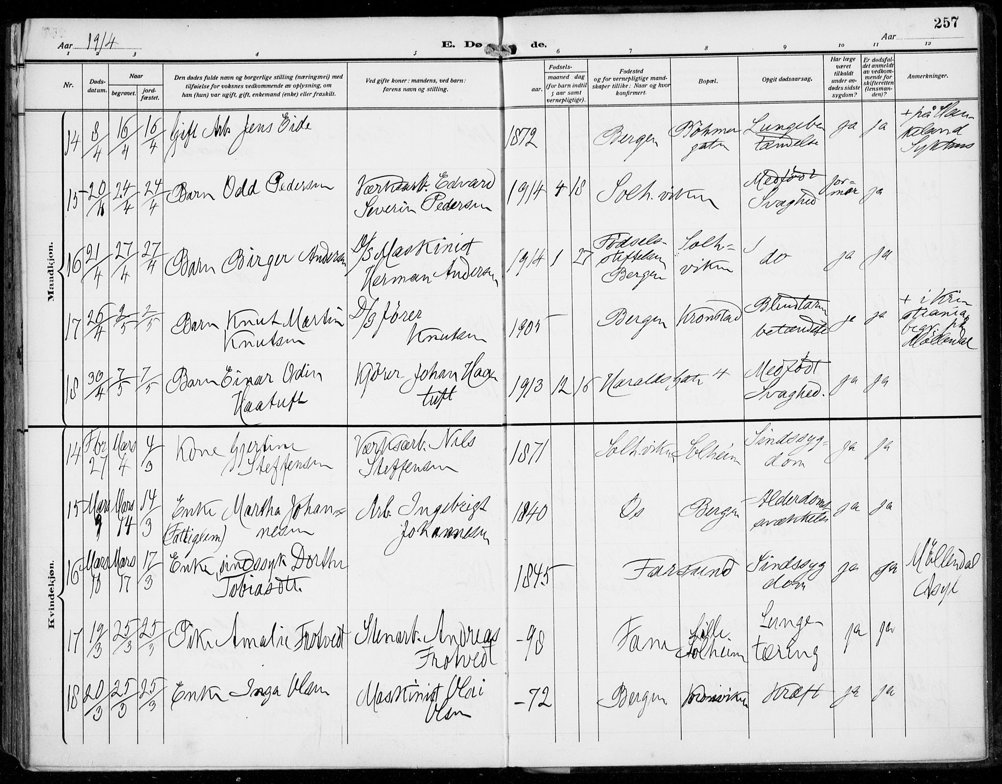 Årstad Sokneprestembete, AV/SAB-A-79301/H/Haa/L0009: Parish register (official) no. C 1, 1902-1918, p. 257