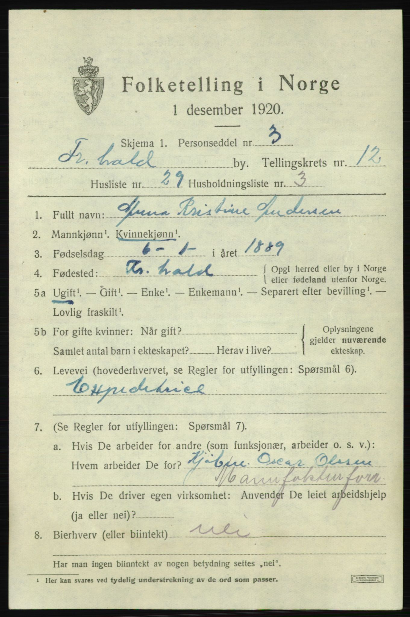 SAO, 1920 census for Fredrikshald, 1920, p. 20547