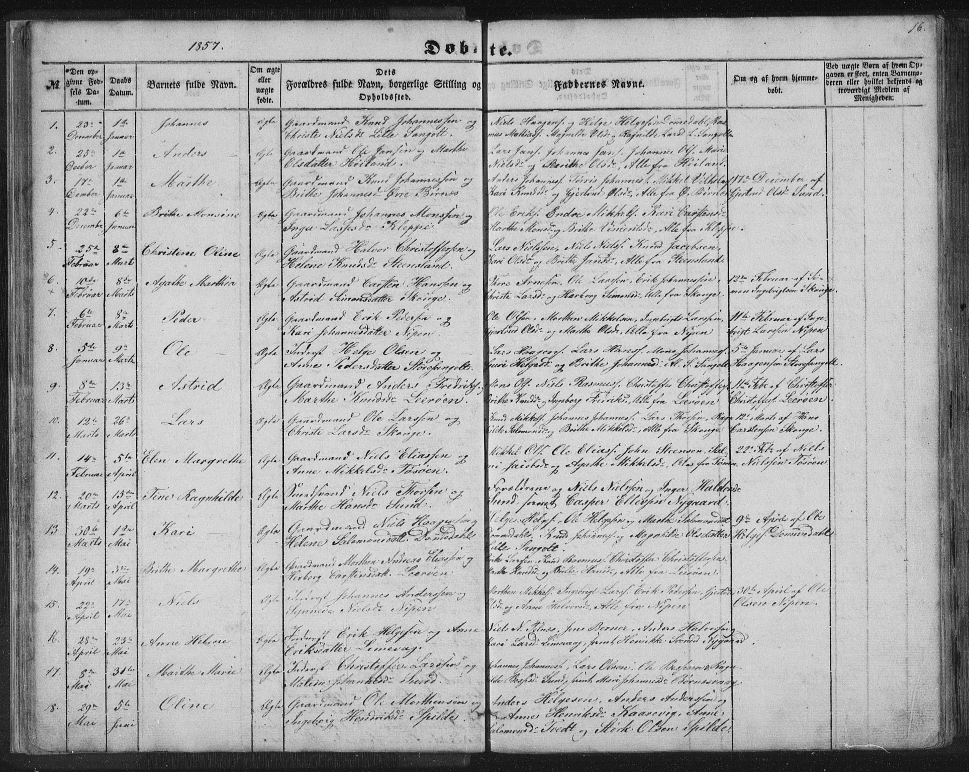 Sund sokneprestembete, SAB/A-99930: Parish register (copy) no. B 1, 1852-1873, p. 16