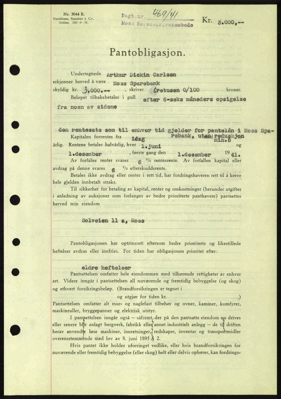 Moss sorenskriveri, SAO/A-10168: Mortgage book no. B10, 1940-1941, Diary no: : 469/1941