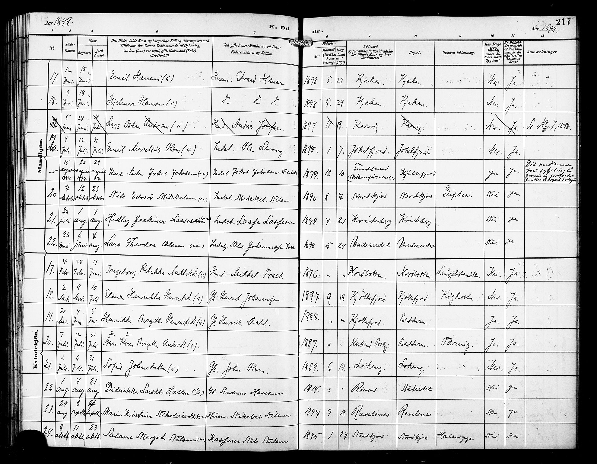 Skjervøy sokneprestkontor, SATØ/S-1300/H/Ha/Hab/L0016klokker: Parish register (copy) no. 16, 1891-1907, p. 217