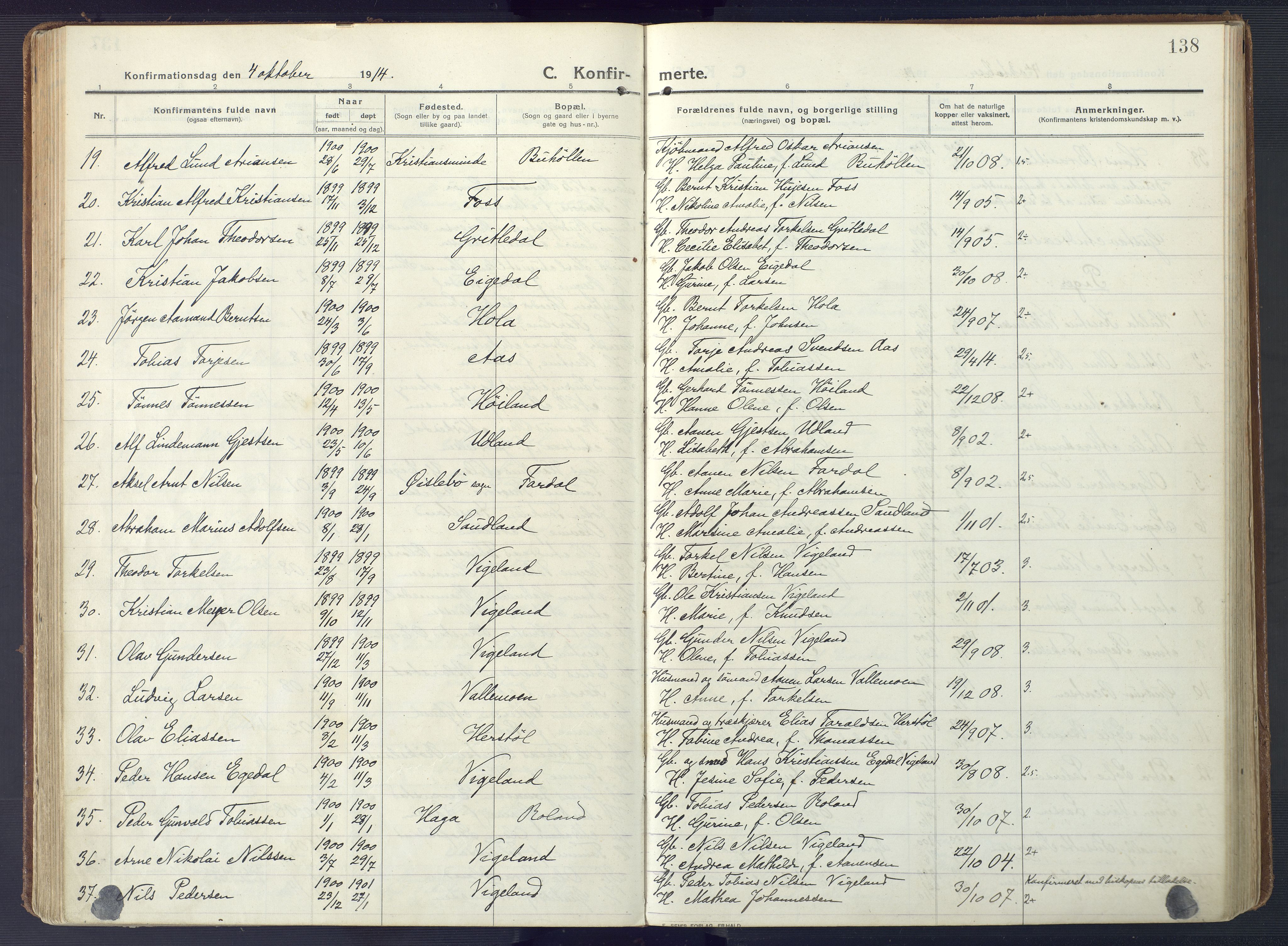 Sør-Audnedal sokneprestkontor, SAK/1111-0039/F/Fa/Fab/L0011: Parish register (official) no. A 11, 1912-1938, p. 138