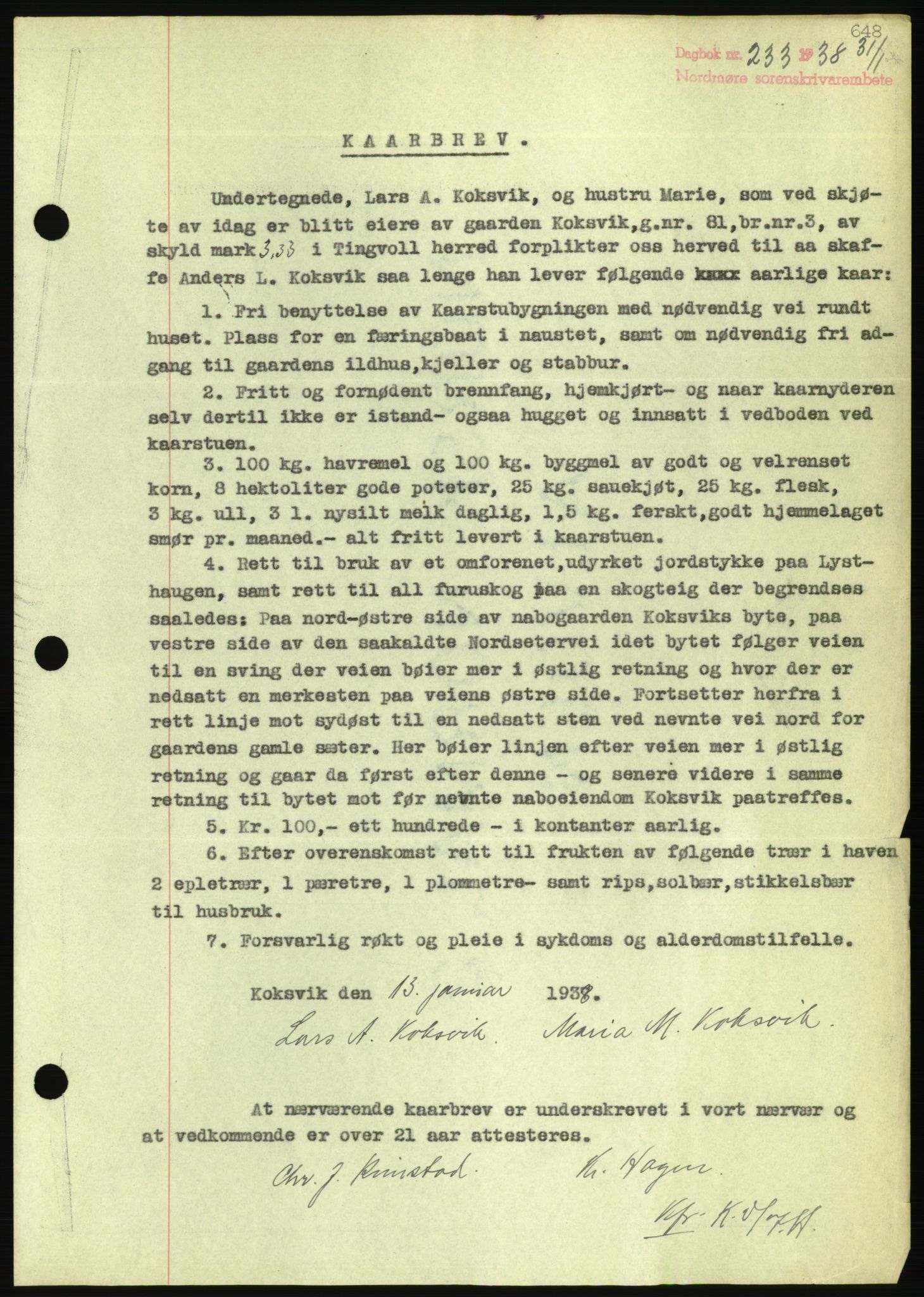 Nordmøre sorenskriveri, AV/SAT-A-4132/1/2/2Ca/L0092: Mortgage book no. B82, 1937-1938, Diary no: : 233/1938