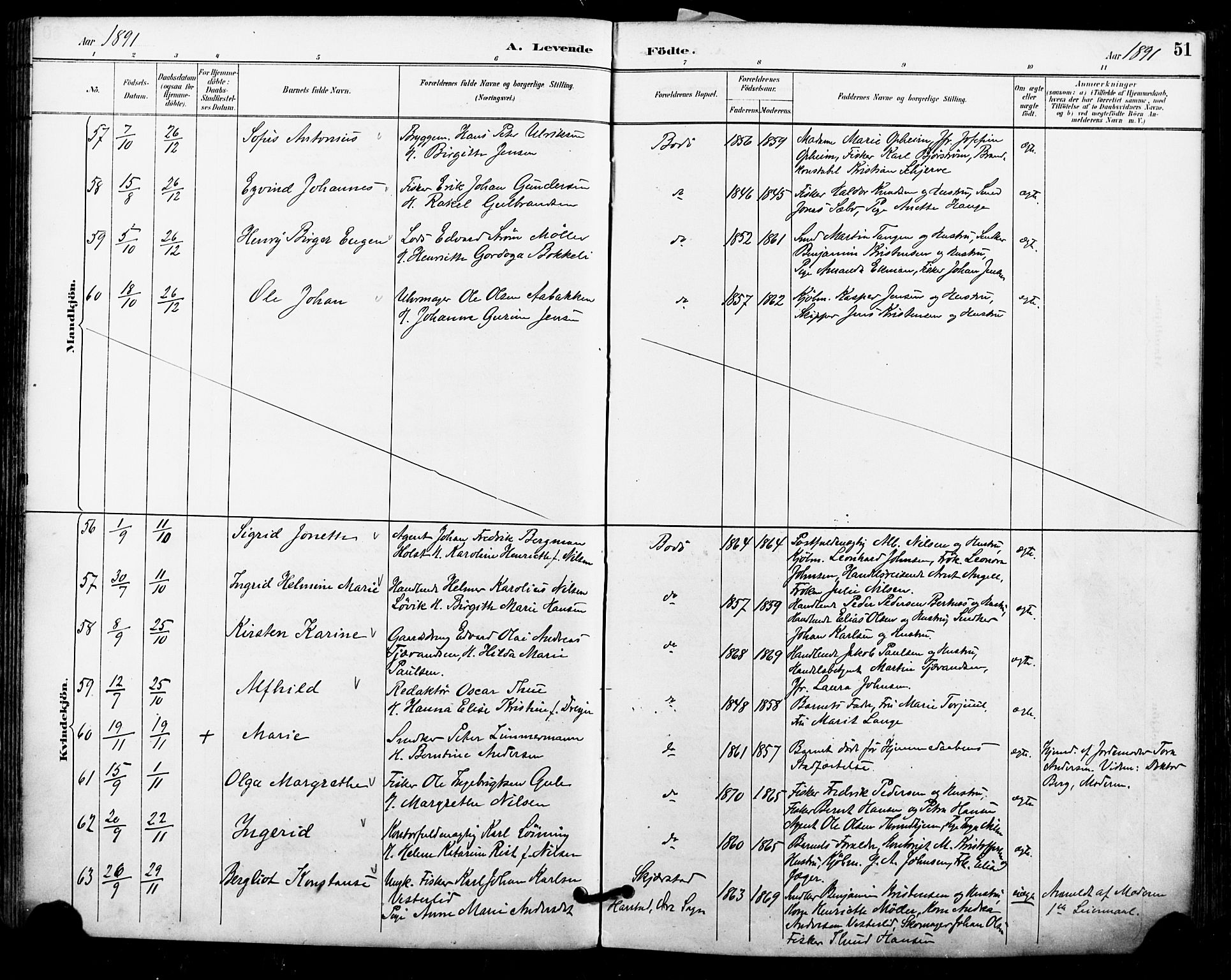Ministerialprotokoller, klokkerbøker og fødselsregistre - Nordland, AV/SAT-A-1459/801/L0010: Parish register (official) no. 801A10, 1888-1899, p. 51