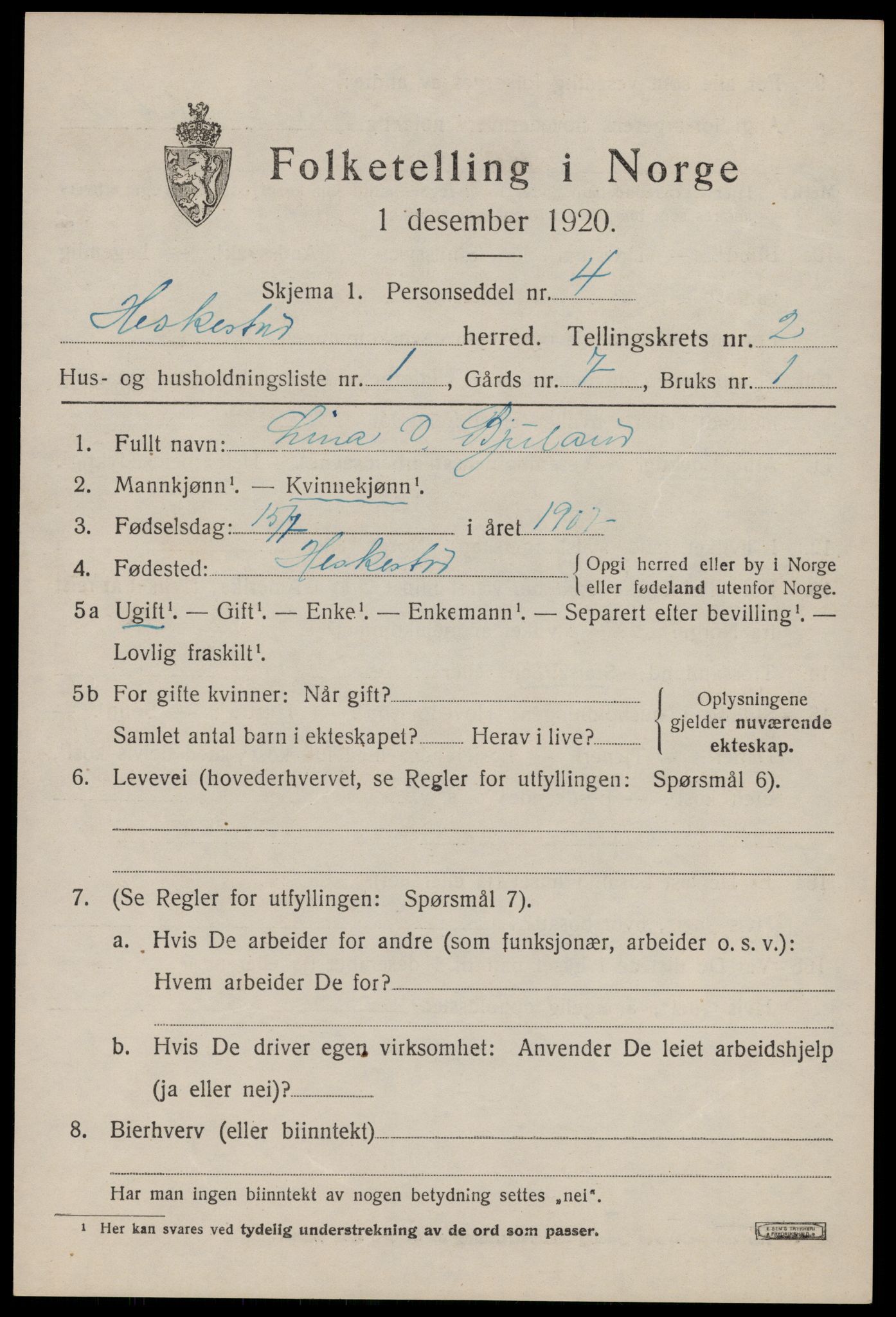 SAST, 1920 census for Heskestad, 1920, p. 607