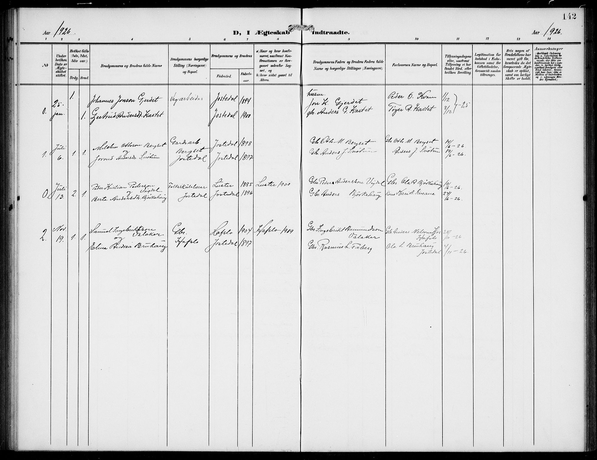 Jostedal sokneprestembete, AV/SAB-A-80601/H/Hab/Haba/L0002: Parish register (copy) no. A 2, 1907-1931, p. 142