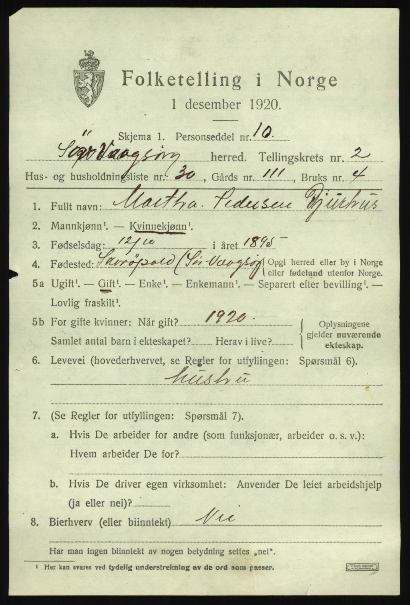 SAB, 1920 census for Sør-Vågsøy, 1920, p. 1500