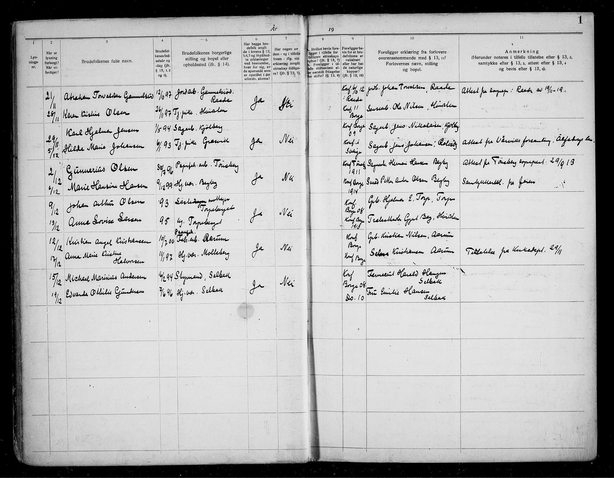 Borge prestekontor Kirkebøker, SAO/A-10903/H/Ha/L0001: Banns register no. I 1, 1919-1936, p. 1