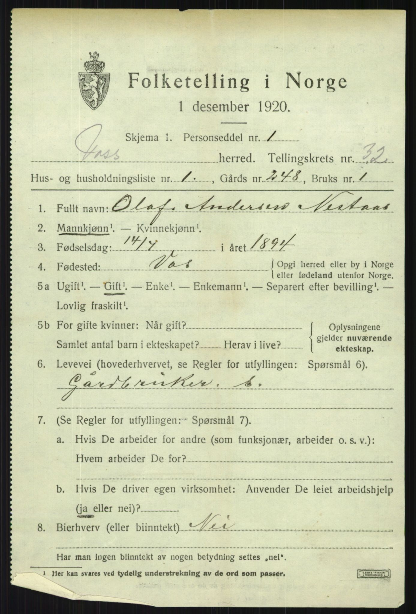 SAB, 1920 census for Voss, 1920, p. 20321
