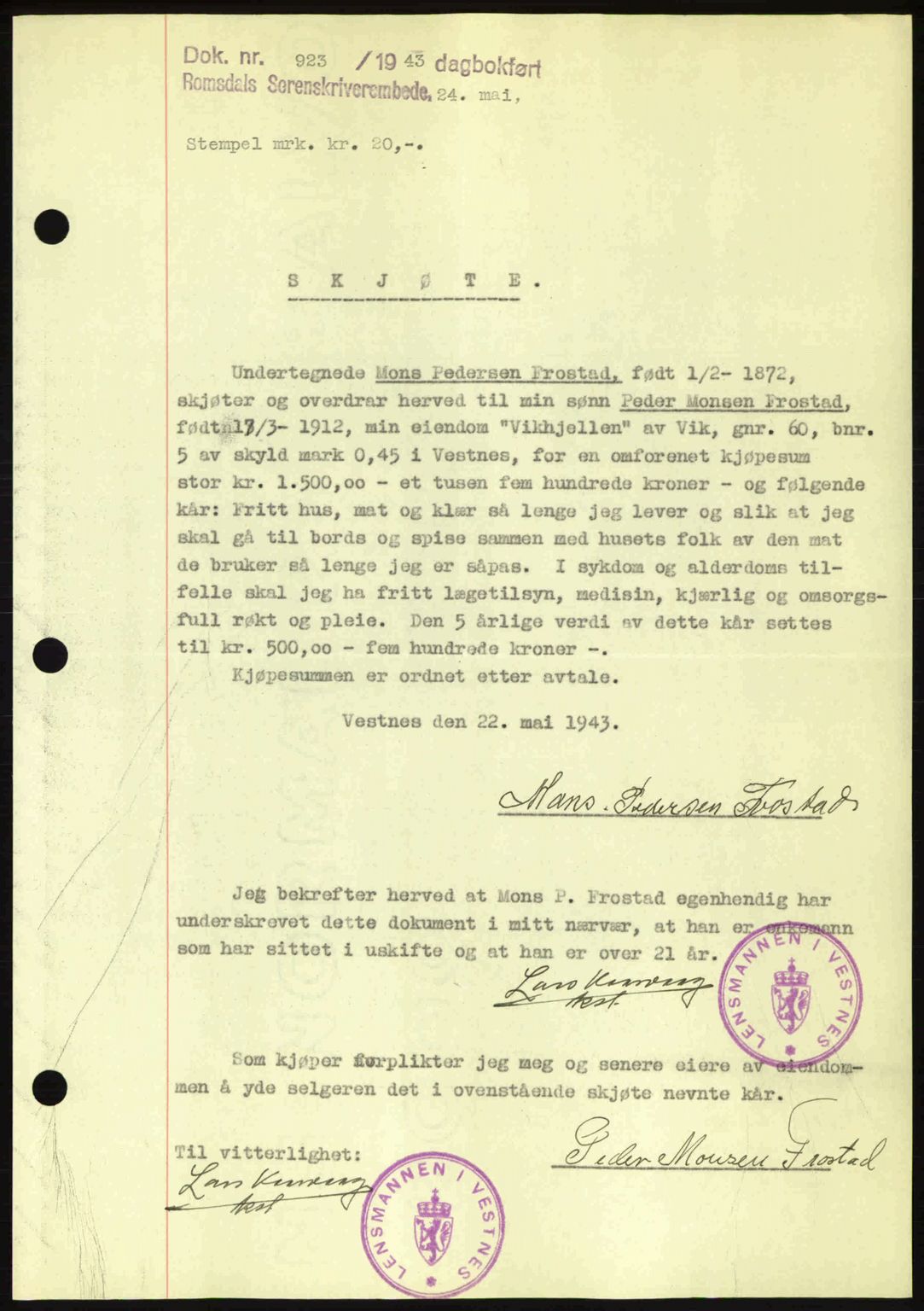 Romsdal sorenskriveri, AV/SAT-A-4149/1/2/2C: Mortgage book no. A14, 1943-1943, Diary no: : 923/1943