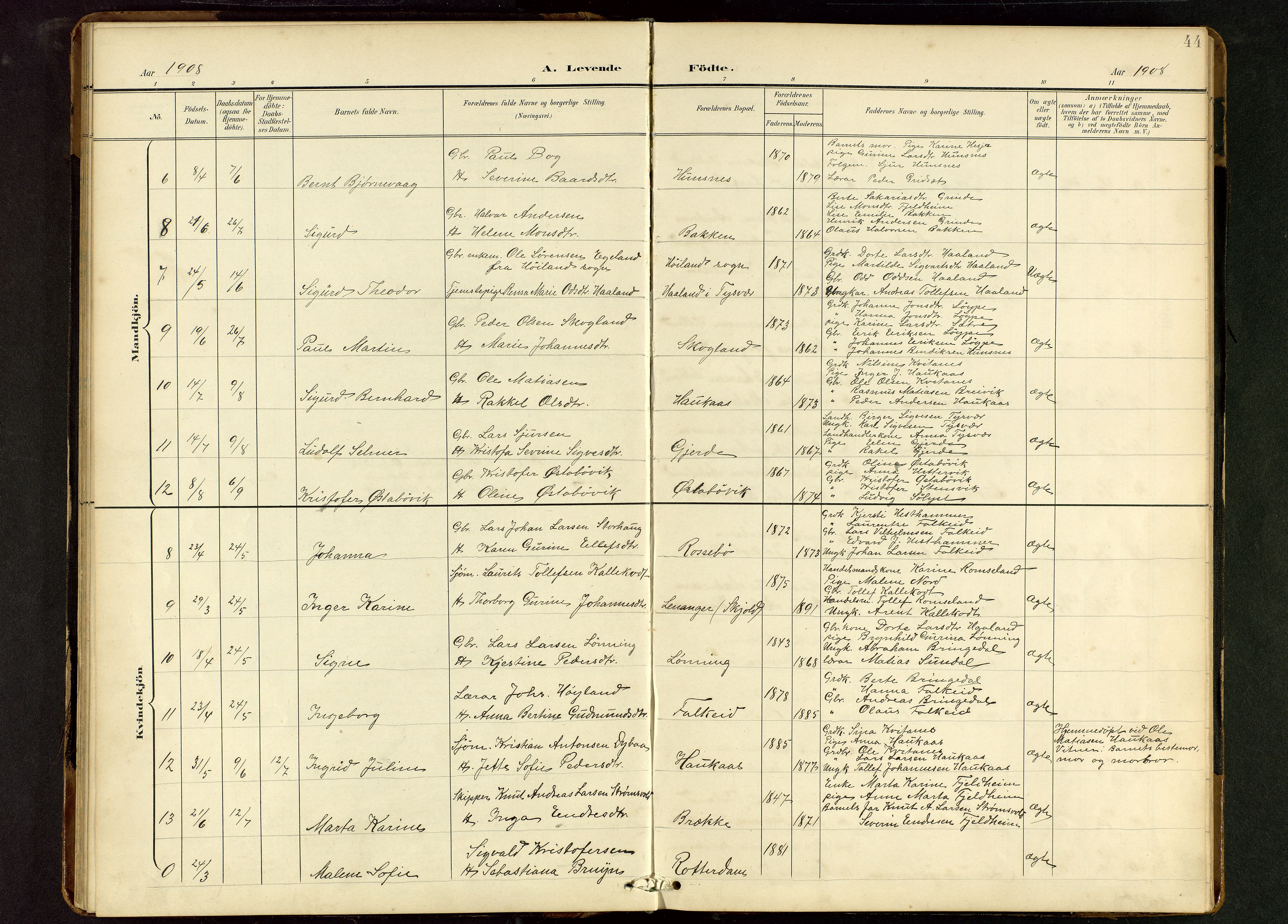 Tysvær sokneprestkontor, AV/SAST-A -101864/H/Ha/Hab/L0010: Parish register (copy) no. B 10, 1897-1912, p. 44