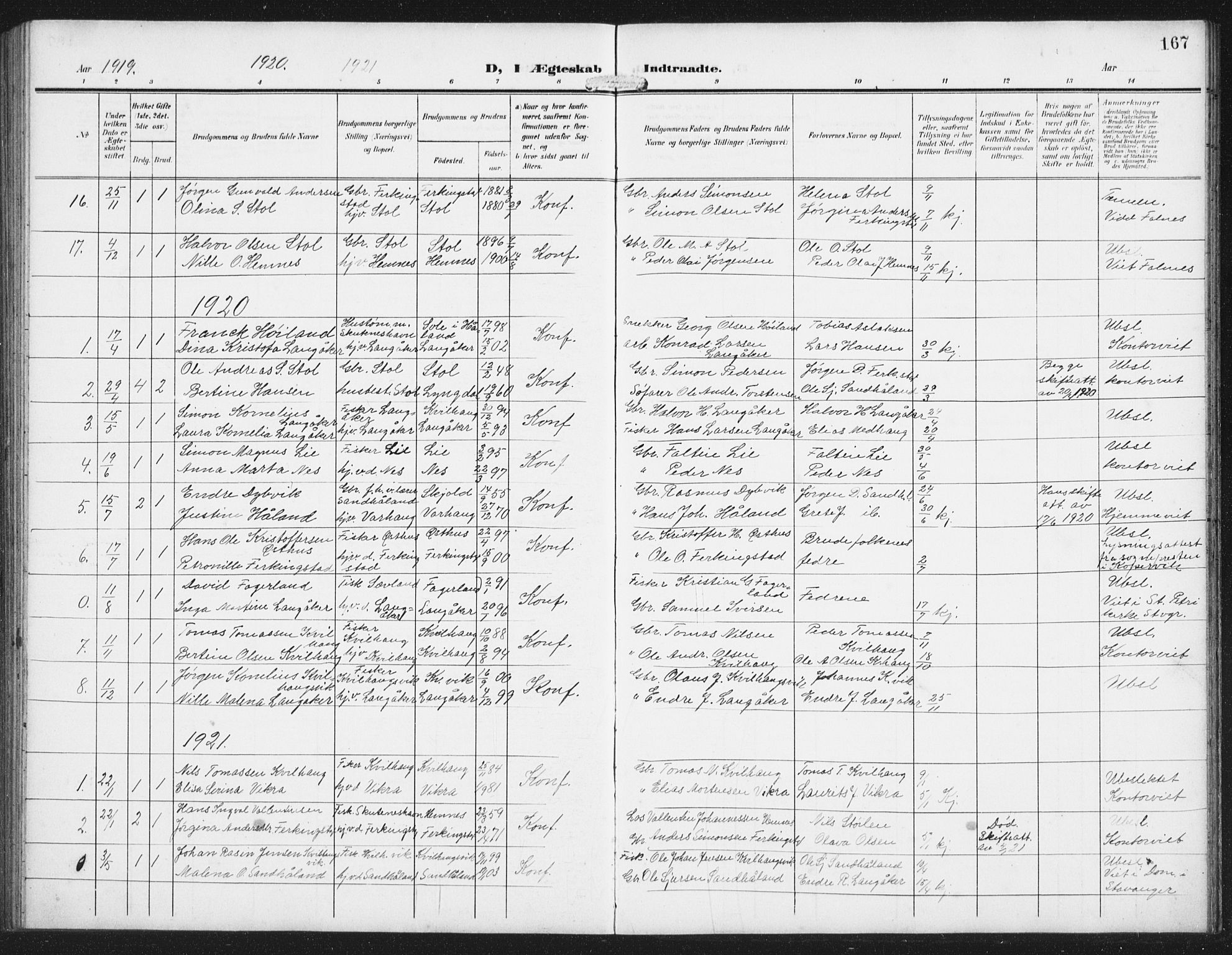 Skudenes sokneprestkontor, SAST/A -101849/H/Ha/Hab/L0011: Parish register (copy) no. B 11, 1909-1943, p. 167