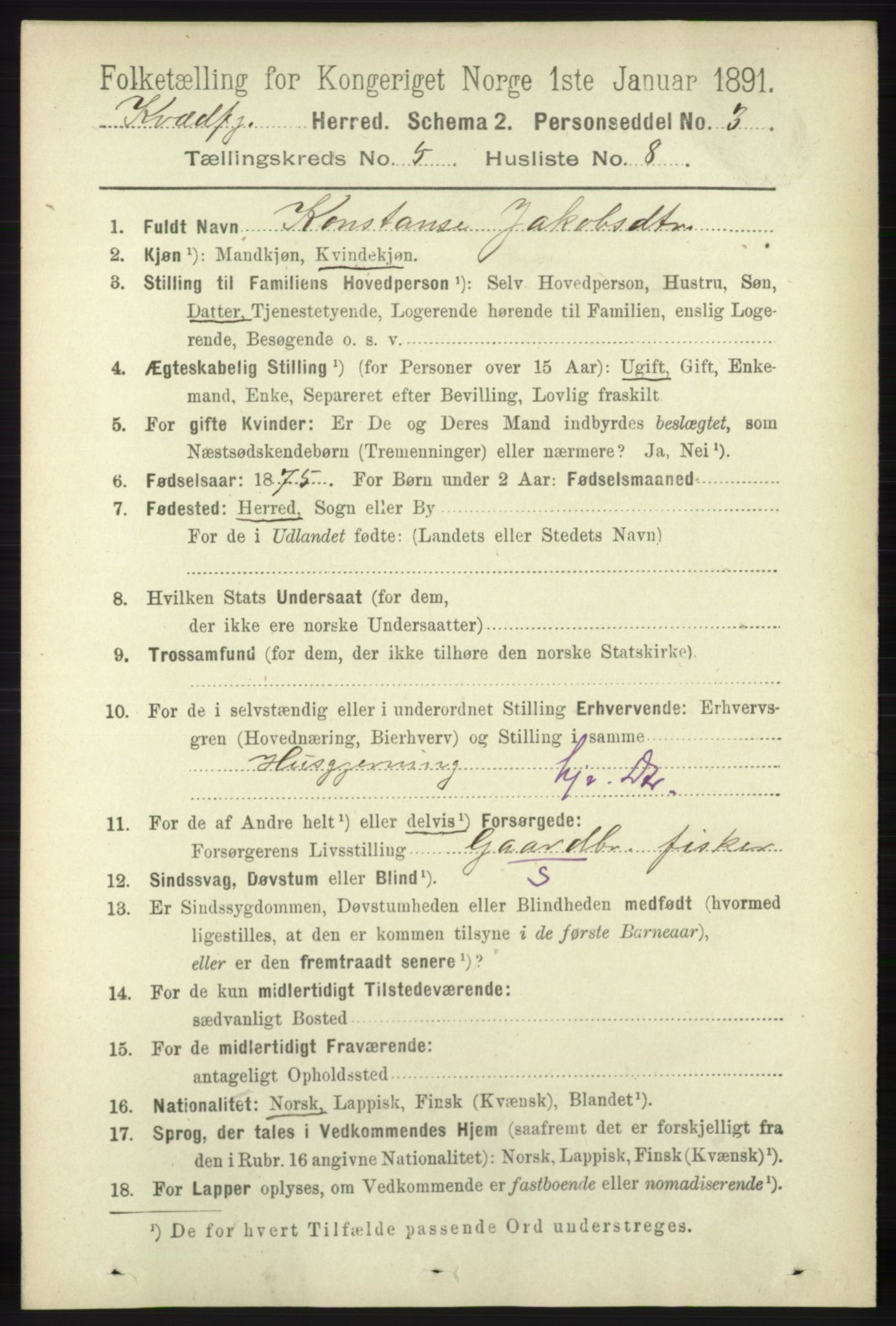 RA, 1891 census for 1911 Kvæfjord, 1891, p. 2910