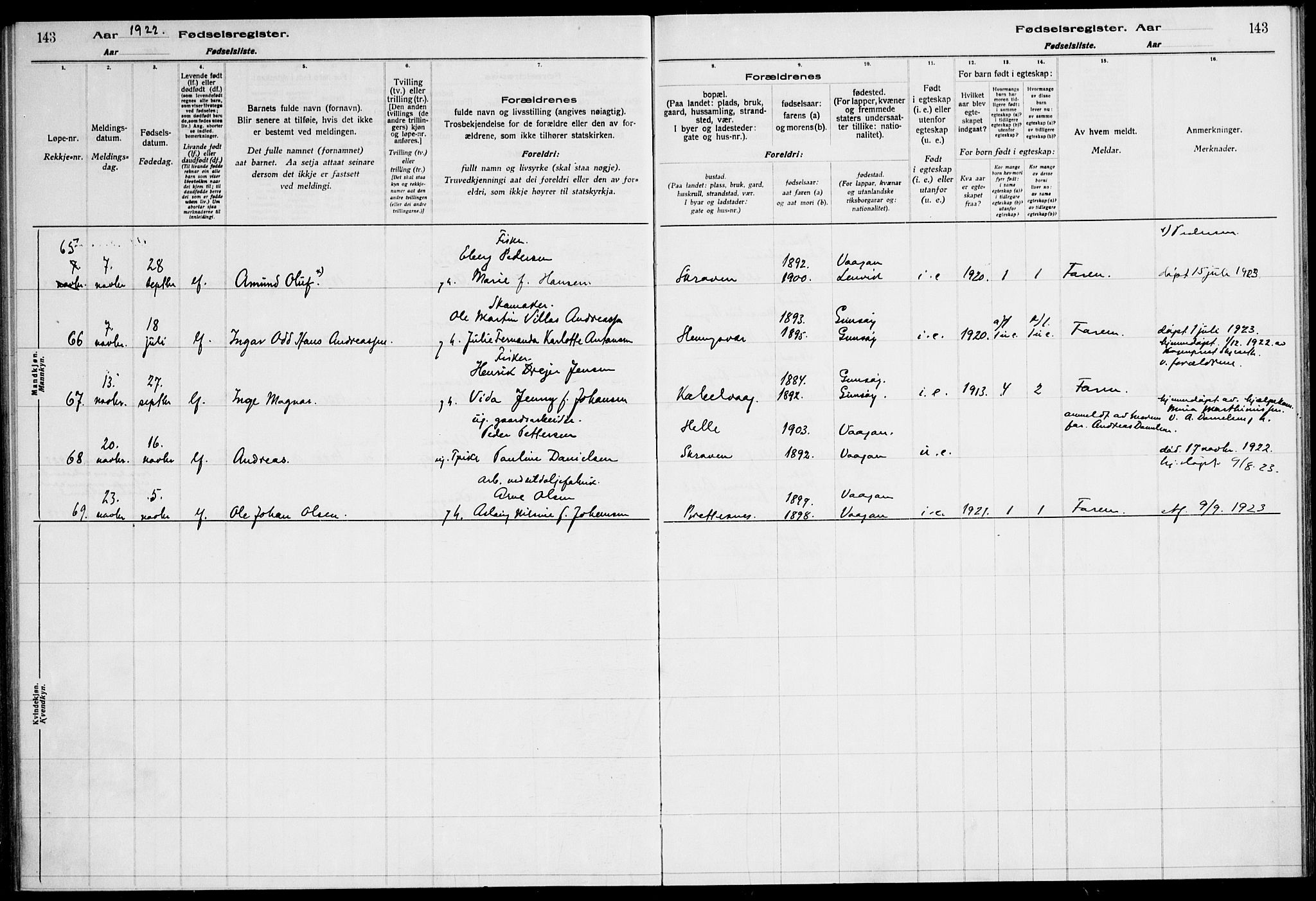 Ministerialprotokoller, klokkerbøker og fødselsregistre - Nordland, SAT/A-1459/874/L1089: Birth register no. 874.II.4.1, 1916-1926, p. 143