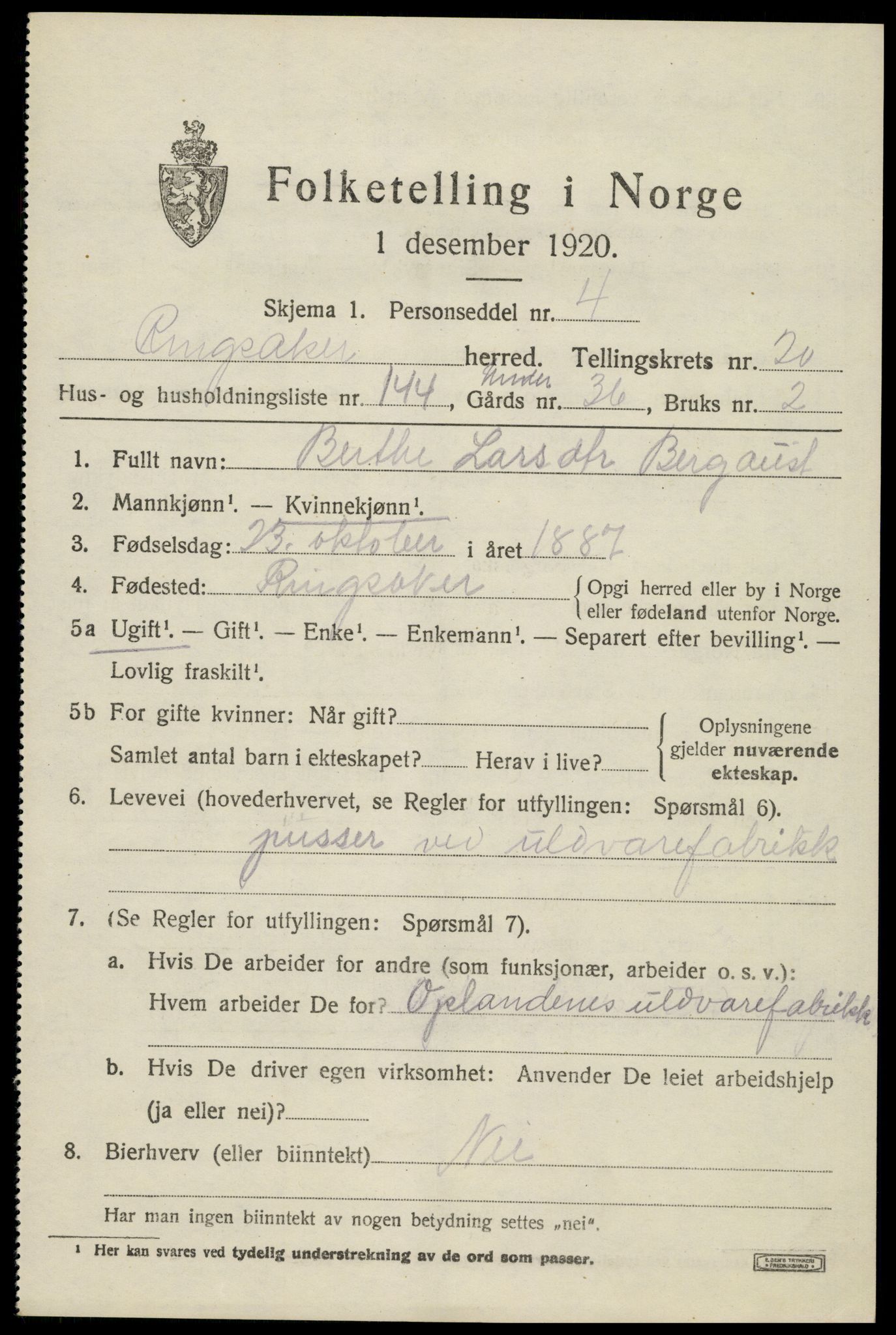 SAH, 1920 census for Ringsaker, 1920, p. 28536