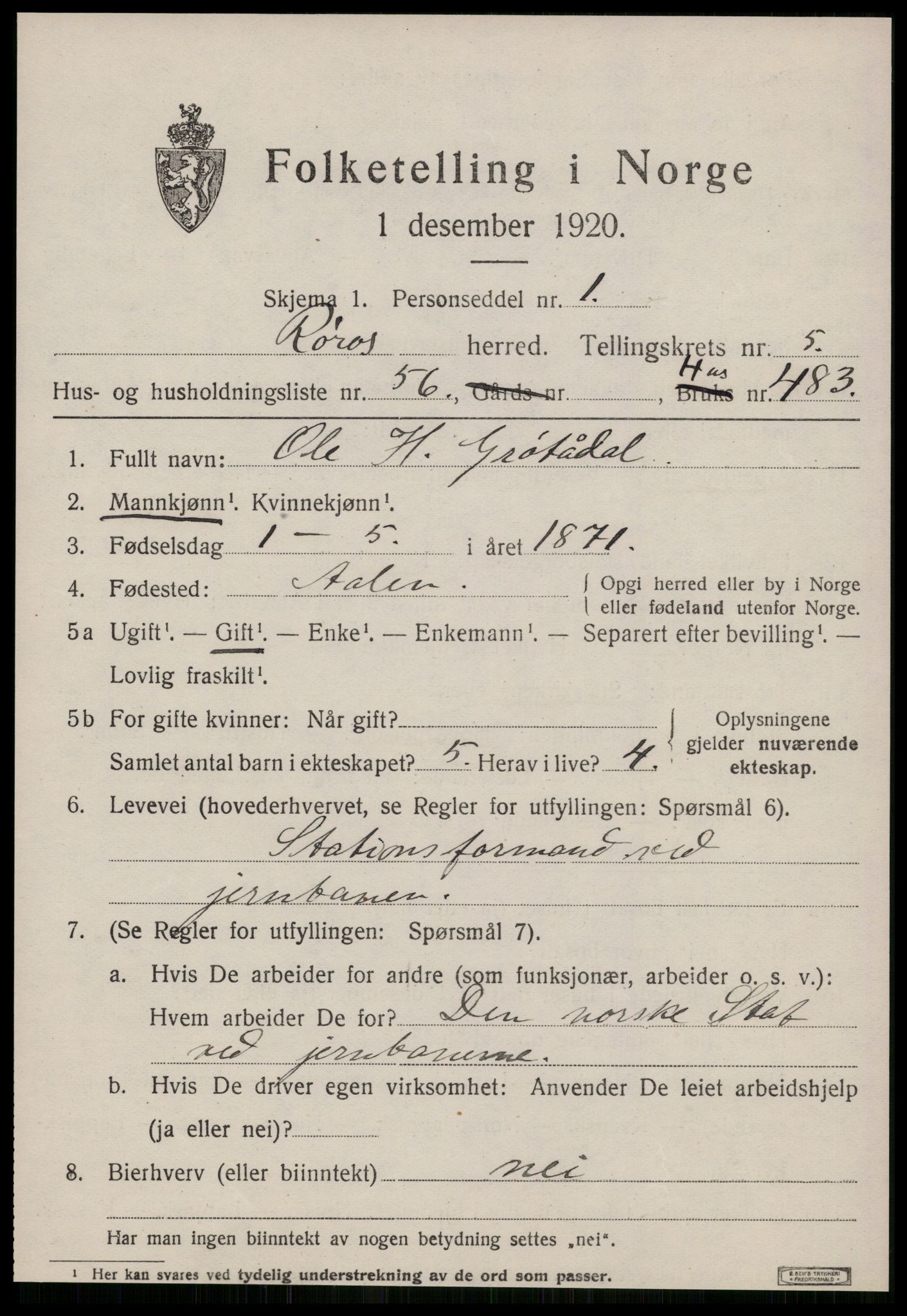 SAT, 1920 census for Røros, 1920, p. 6080