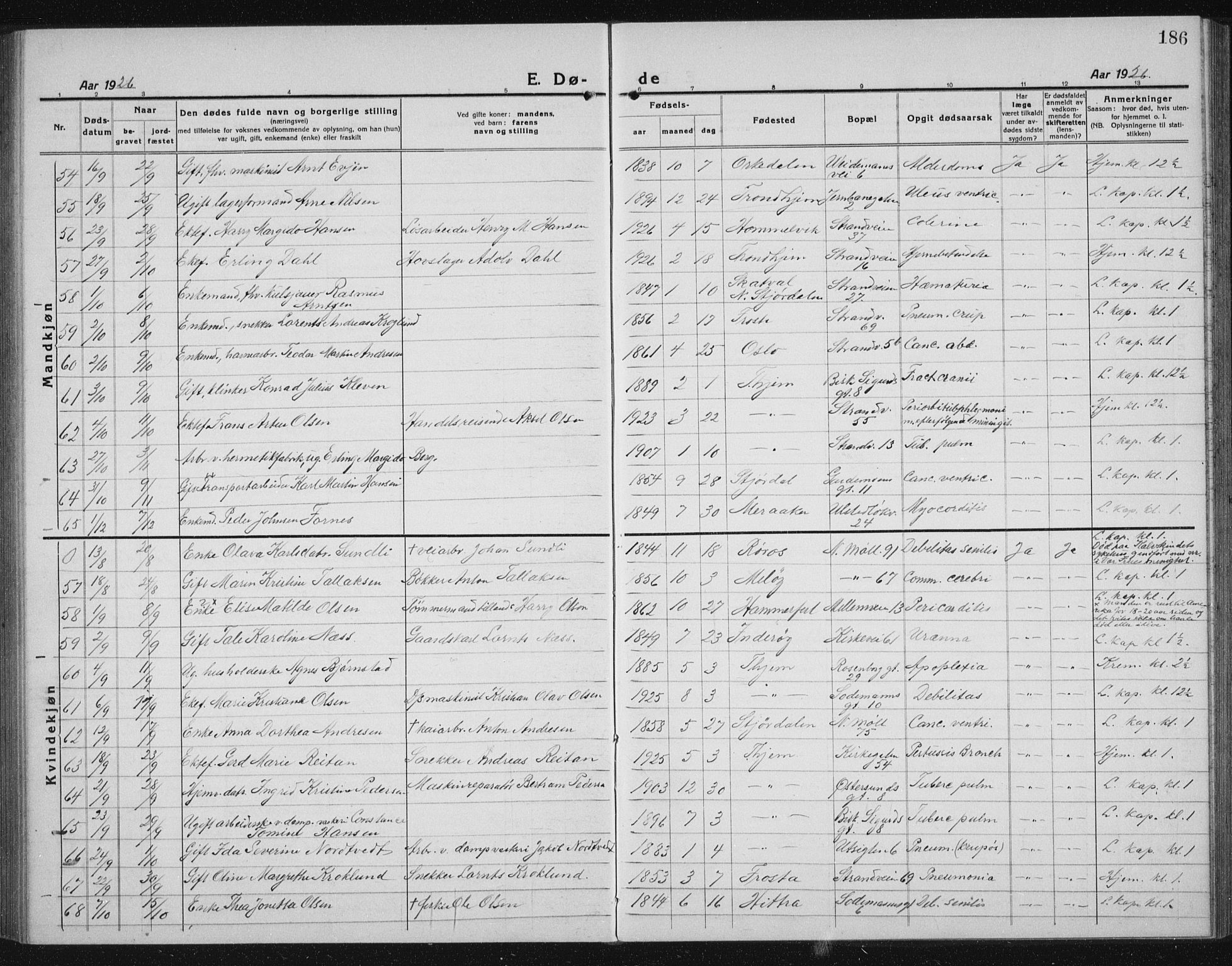 Ministerialprotokoller, klokkerbøker og fødselsregistre - Sør-Trøndelag, AV/SAT-A-1456/605/L0260: Parish register (copy) no. 605C07, 1922-1942, p. 186