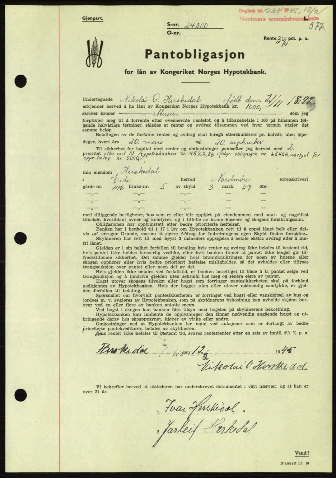 Nordmøre sorenskriveri, AV/SAT-A-4132/1/2/2Ca: Mortgage book no. B92, 1944-1945, Diary no: : 264/1945