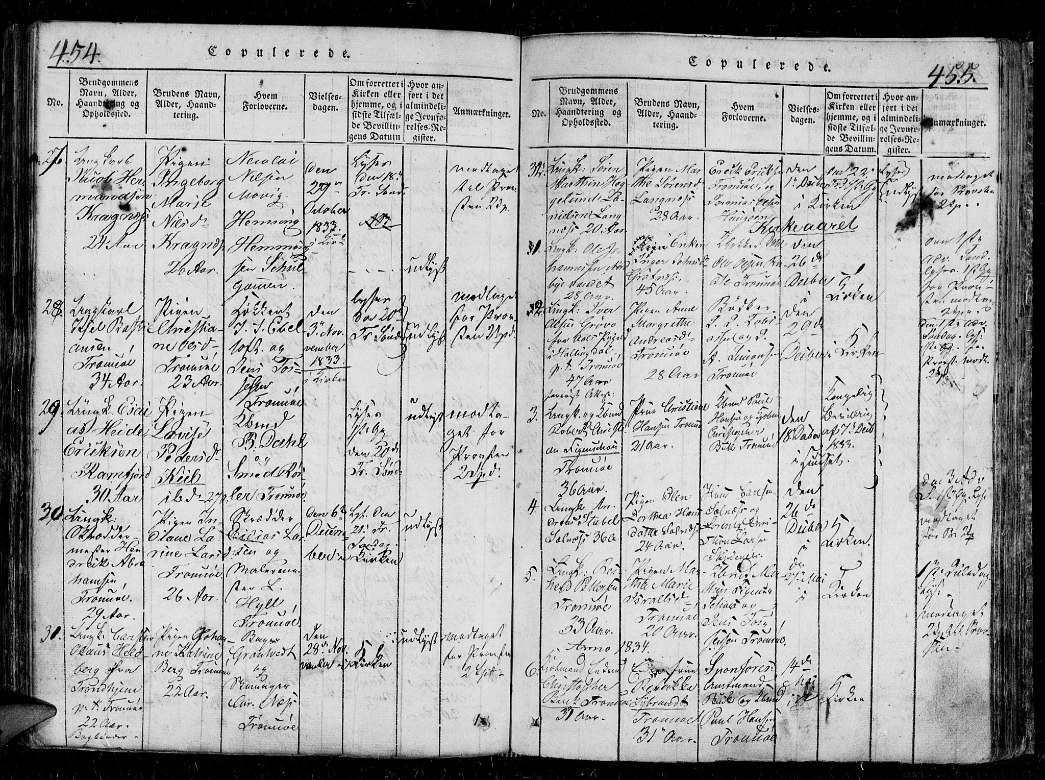 Tromsø sokneprestkontor/stiftsprosti/domprosti, SATØ/S-1343/G/Gb/L0001klokker: Parish register (copy) no. 1, 1821-1833, p. 454-455