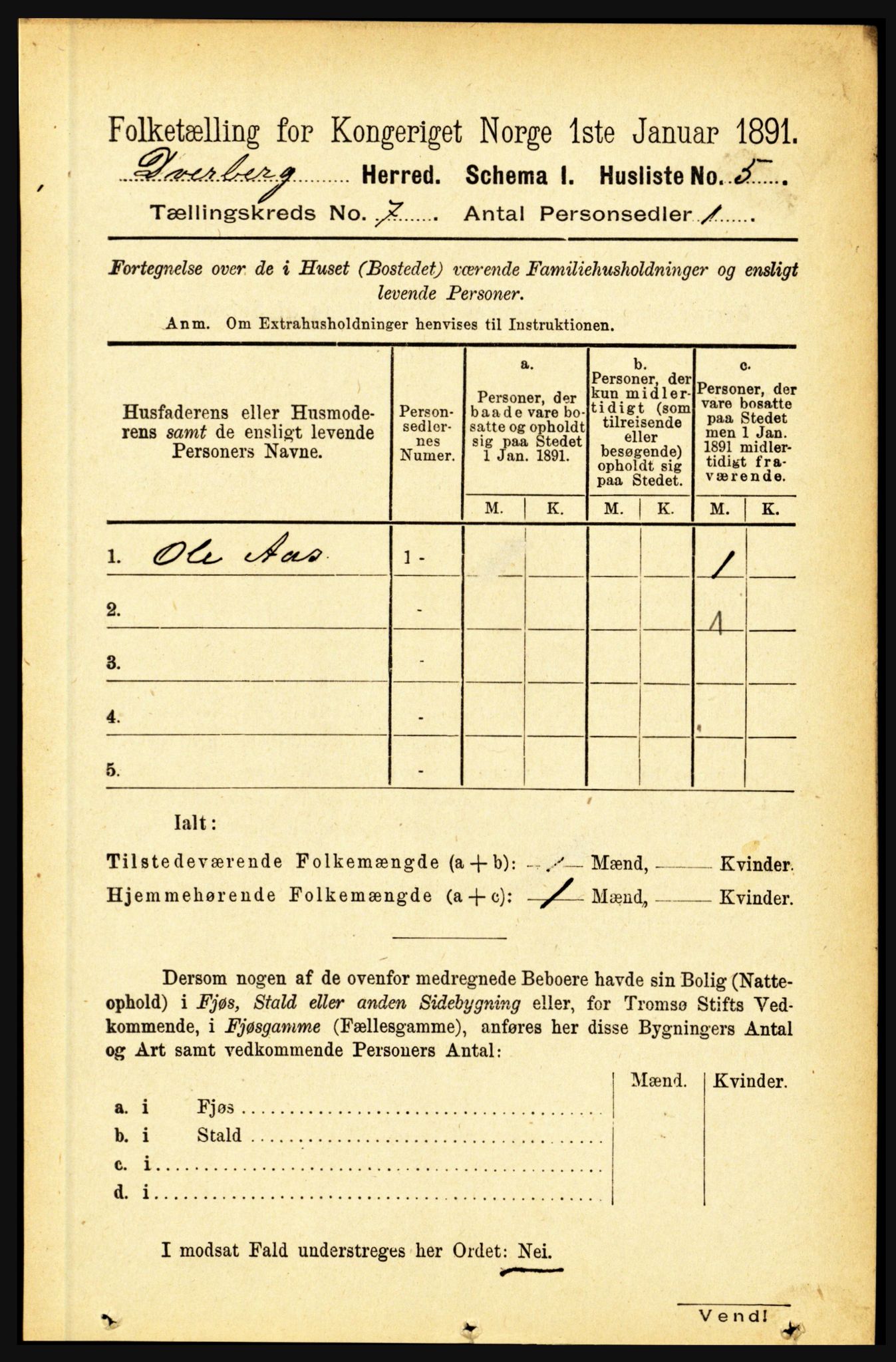 RA, 1891 census for 1872 Dverberg, 1891, p. 2509