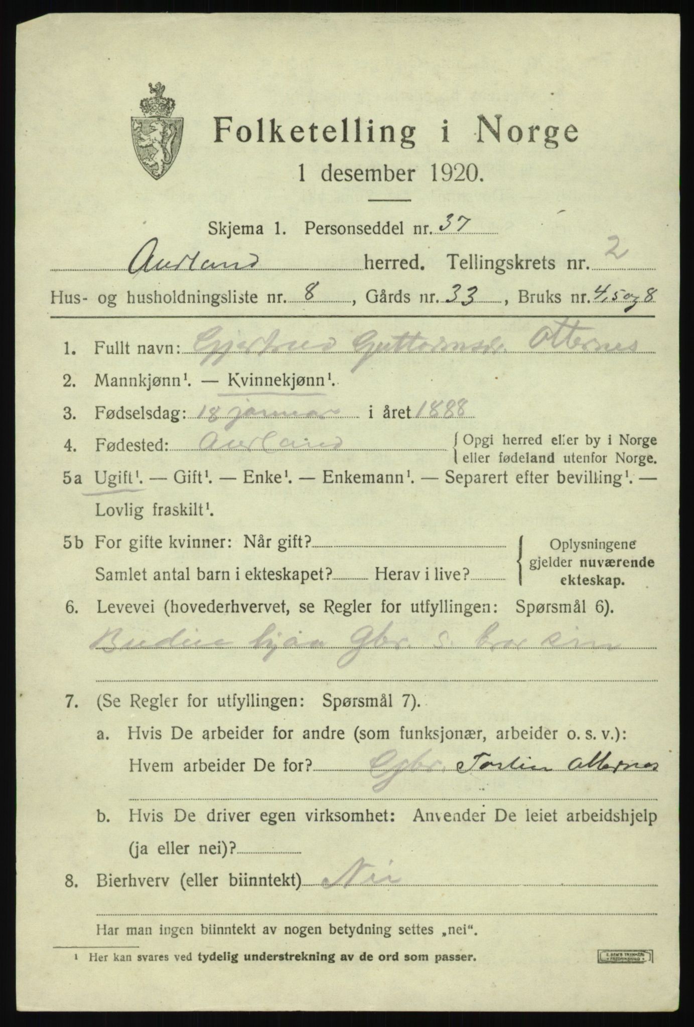 SAB, 1920 census for Aurland, 1920, p. 1902