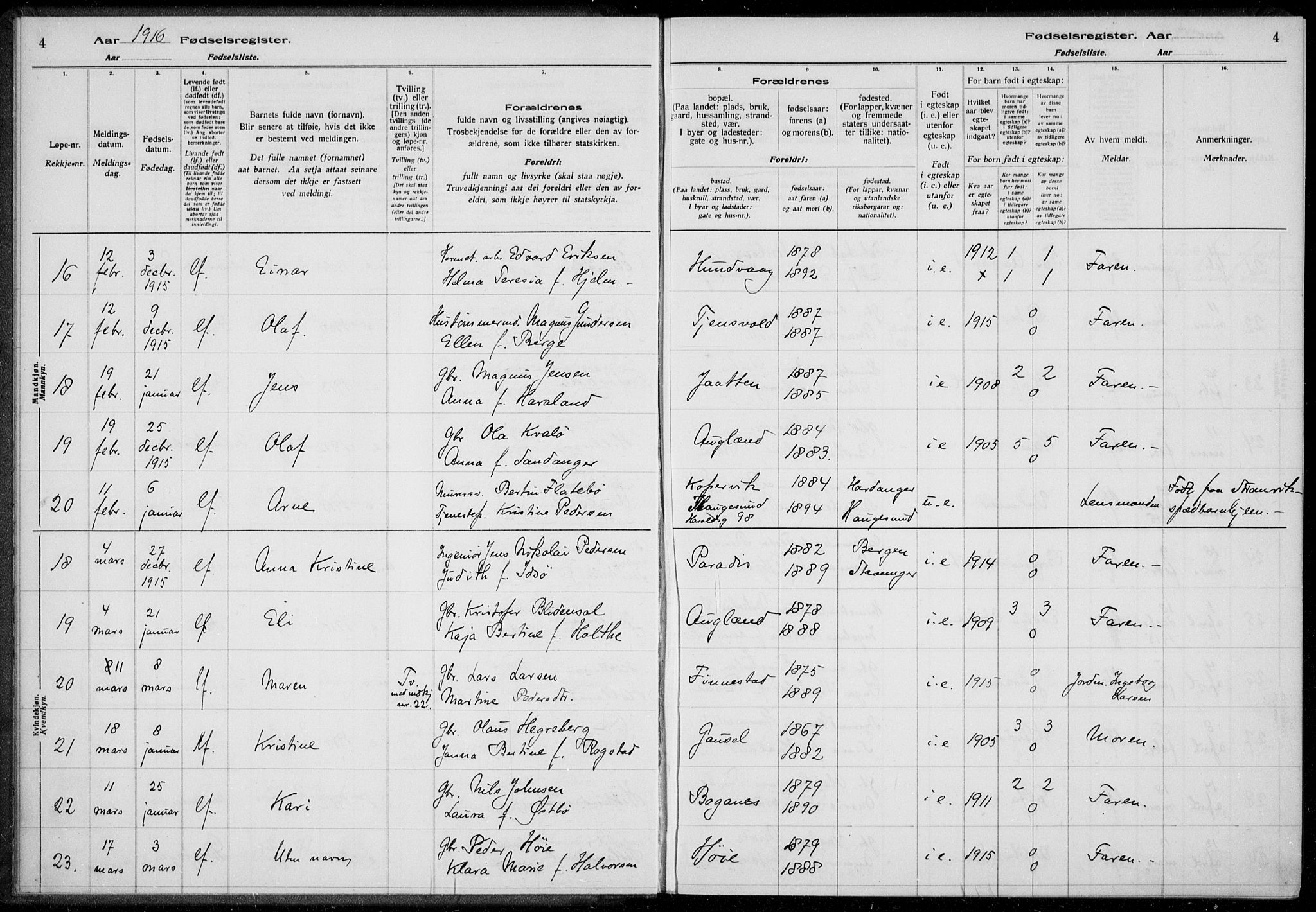 Hetland sokneprestkontor, AV/SAST-A-101826/70/704BA/L0003: Birth register no. 1, 1916-1923, p. 4