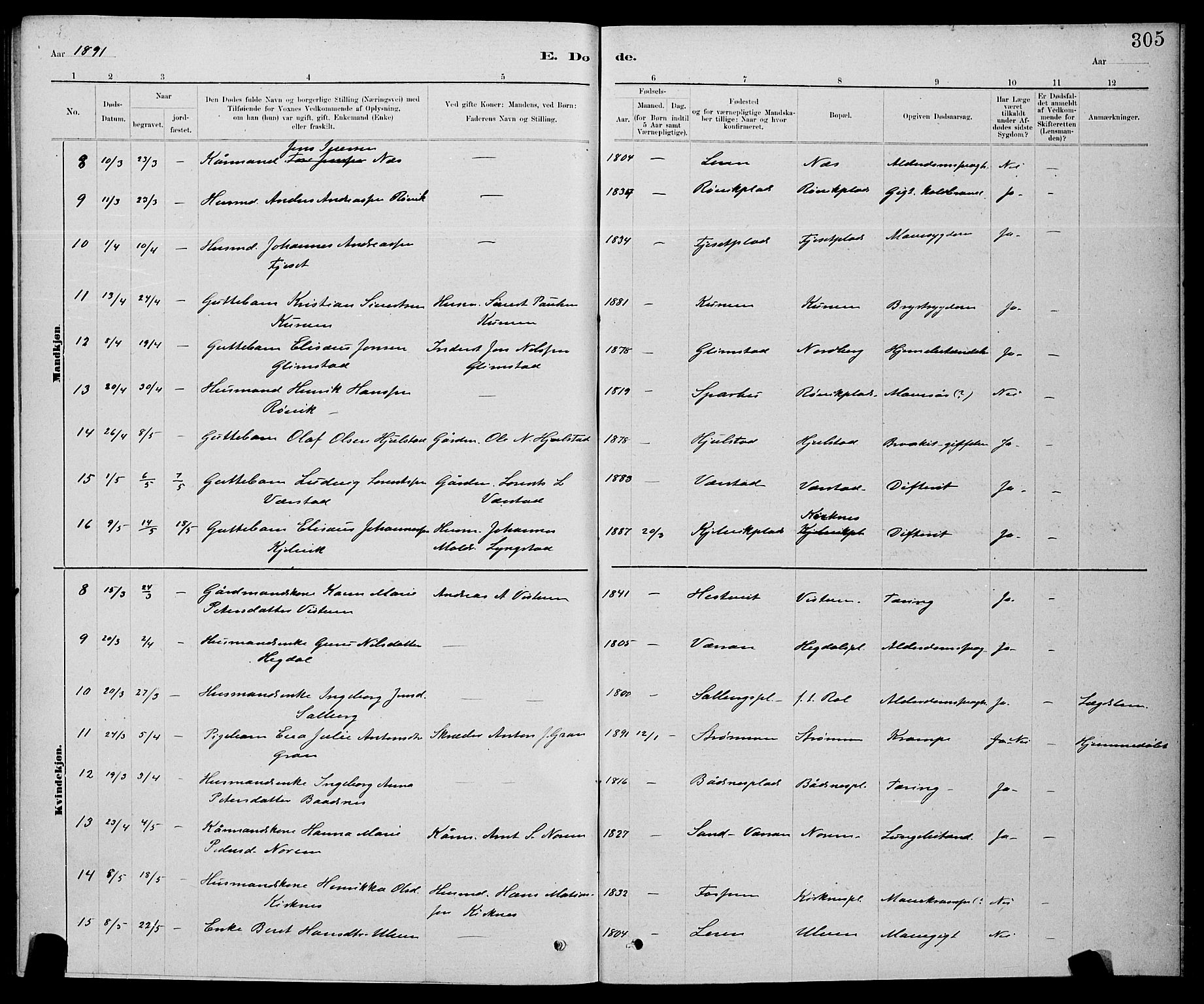 Ministerialprotokoller, klokkerbøker og fødselsregistre - Nord-Trøndelag, SAT/A-1458/730/L0301: Parish register (copy) no. 730C04, 1880-1897, p. 305