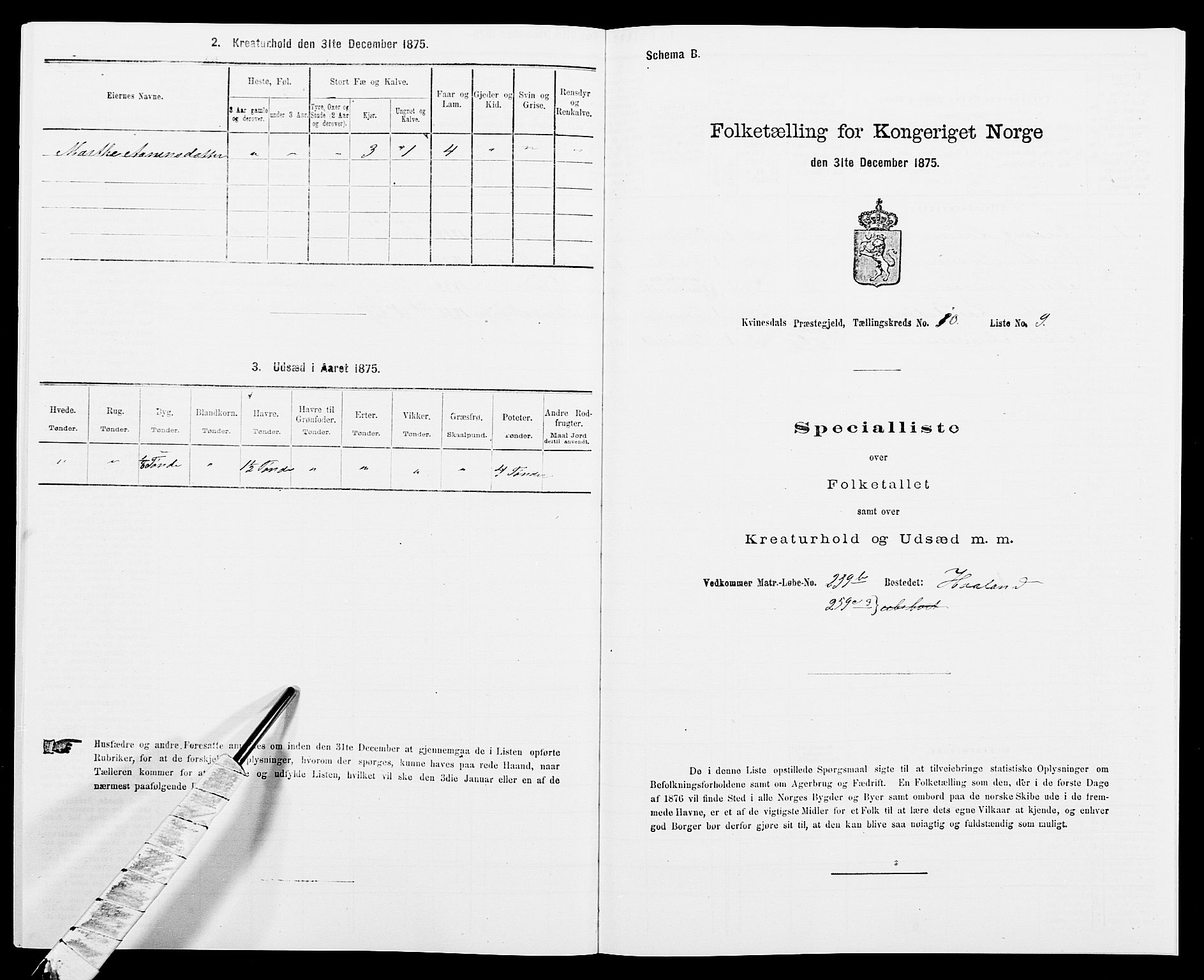 SAK, 1875 census for 1037P Kvinesdal, 1875, p. 1555