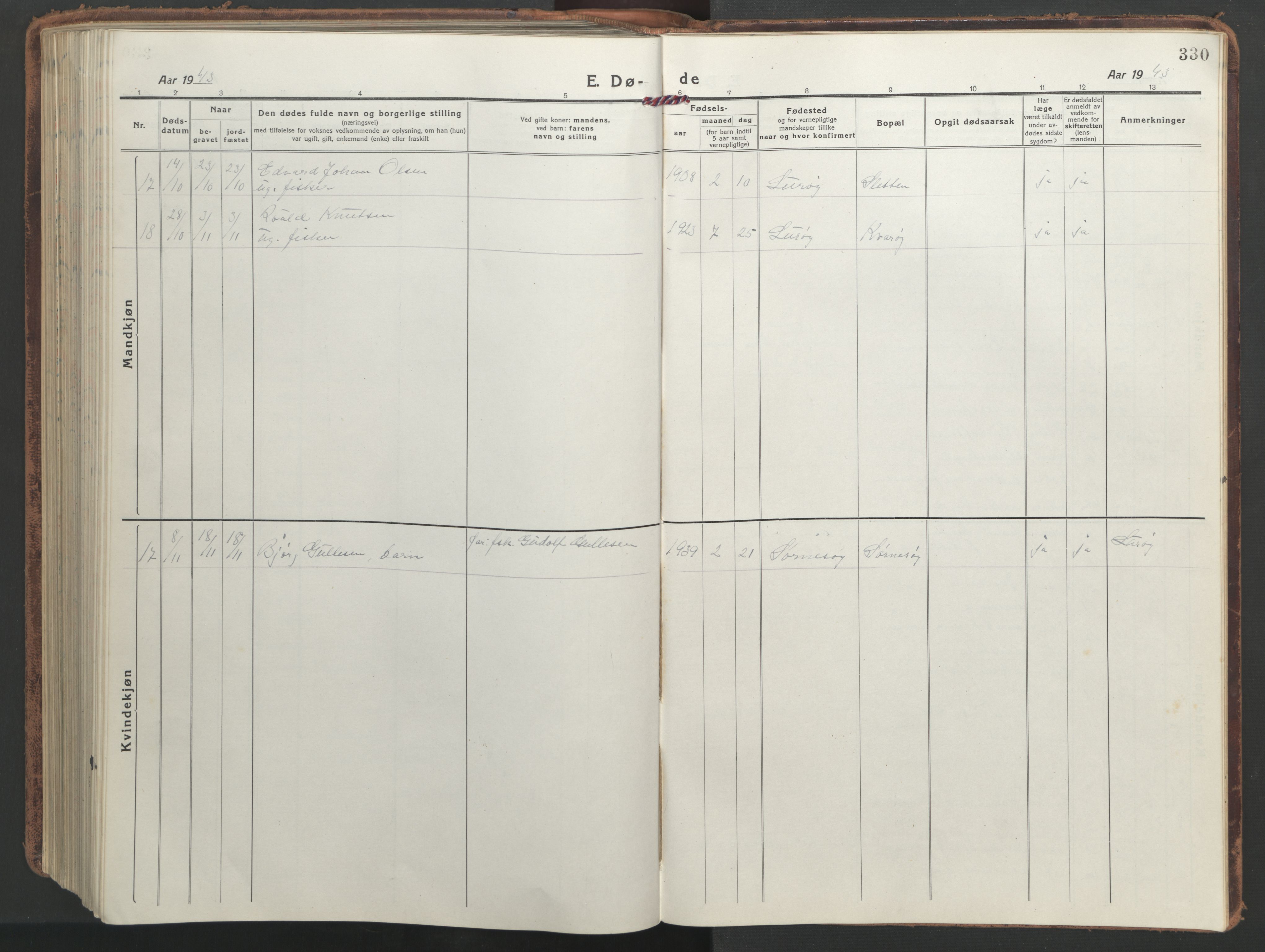 Ministerialprotokoller, klokkerbøker og fødselsregistre - Nordland, AV/SAT-A-1459/839/L0574: Parish register (copy) no. 839C04, 1918-1950, p. 330