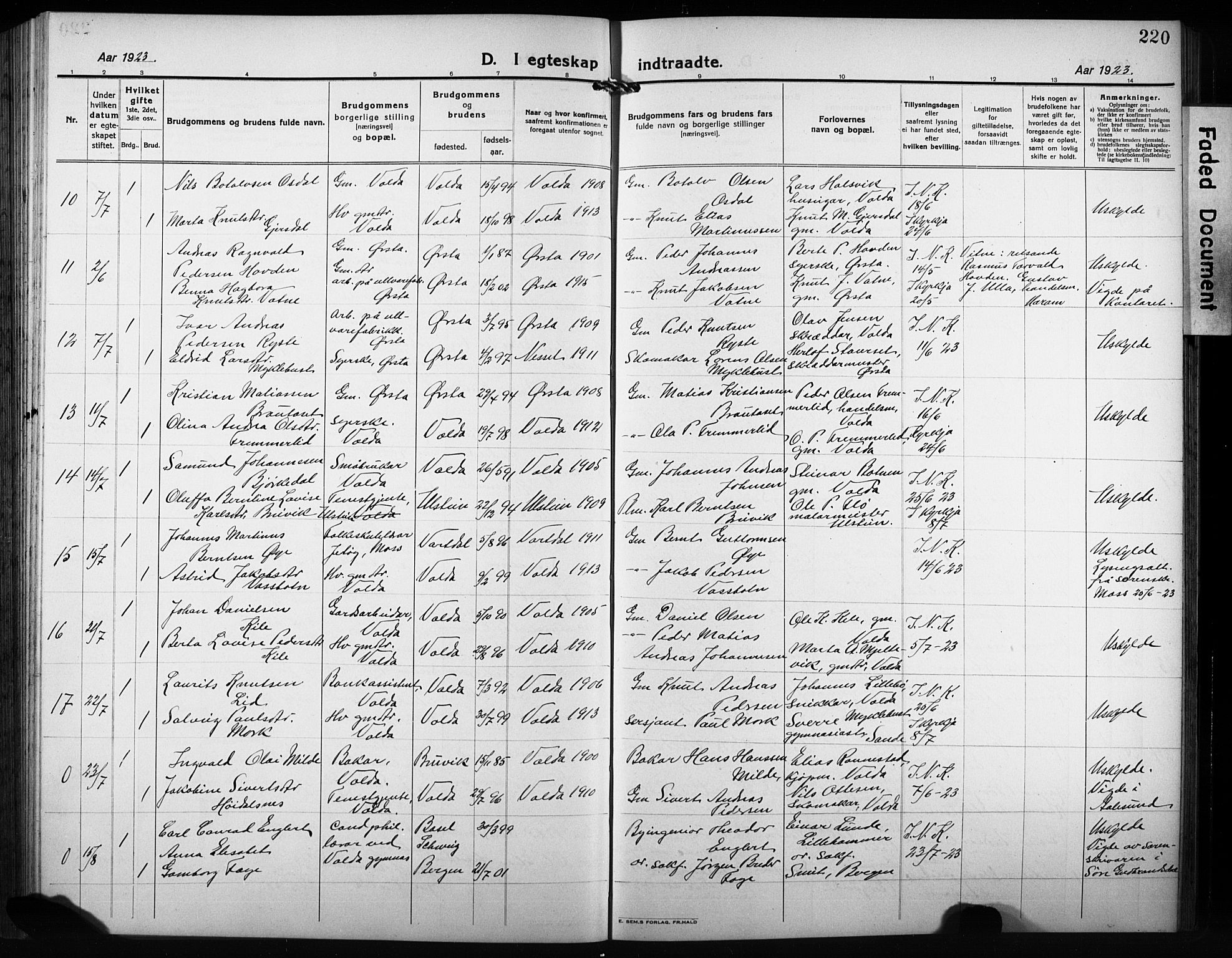 Ministerialprotokoller, klokkerbøker og fødselsregistre - Møre og Romsdal, AV/SAT-A-1454/511/L0160: Parish register (copy) no. 511C06, 1920-1932, p. 220