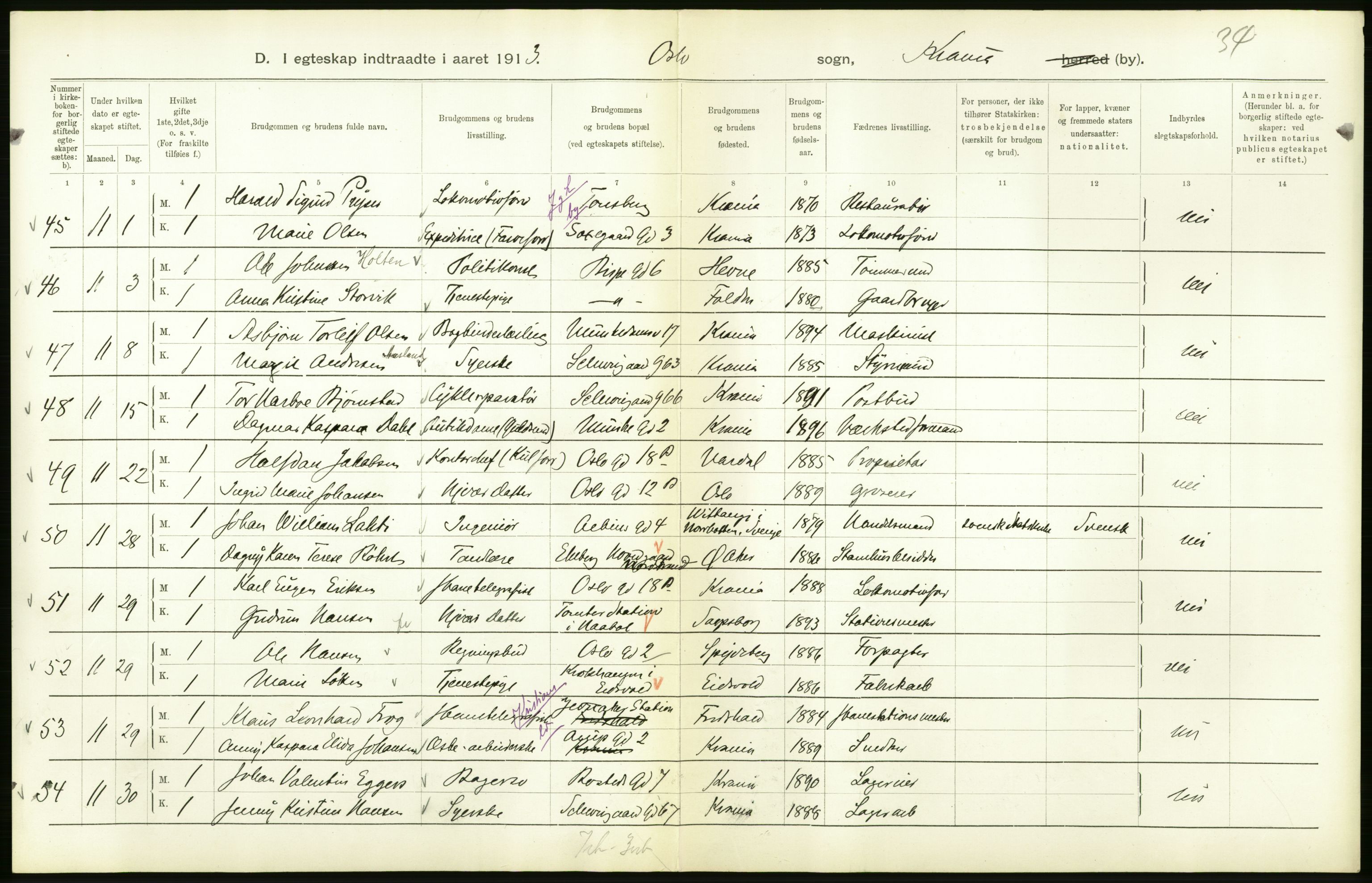 Statistisk sentralbyrå, Sosiodemografiske emner, Befolkning, AV/RA-S-2228/D/Df/Dfb/Dfbc/L0008: Kristiania: Gifte., 1913, p. 94