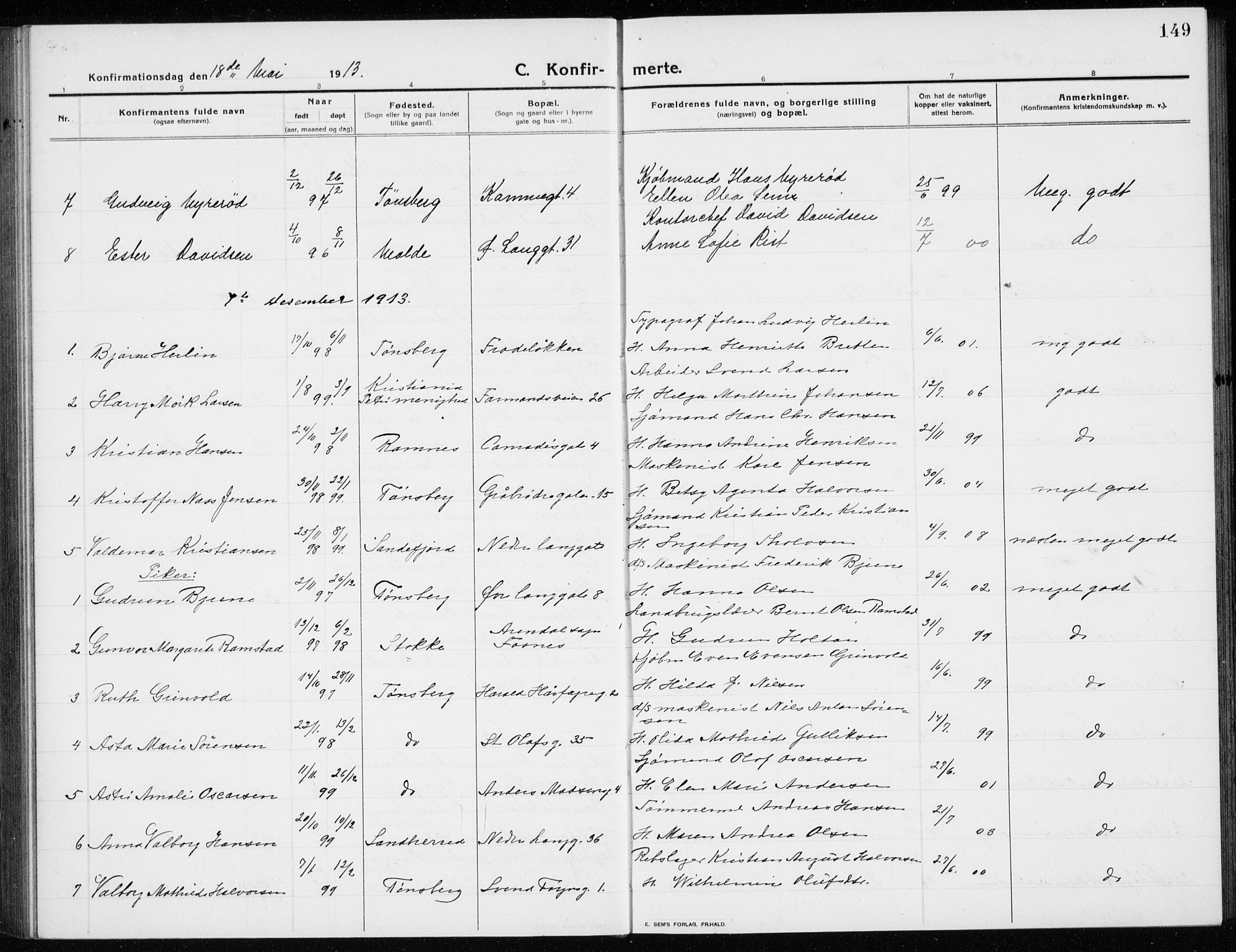 Tønsberg kirkebøker, AV/SAKO-A-330/G/Ga/L0009: Parish register (copy) no. 9, 1913-1920, p. 149