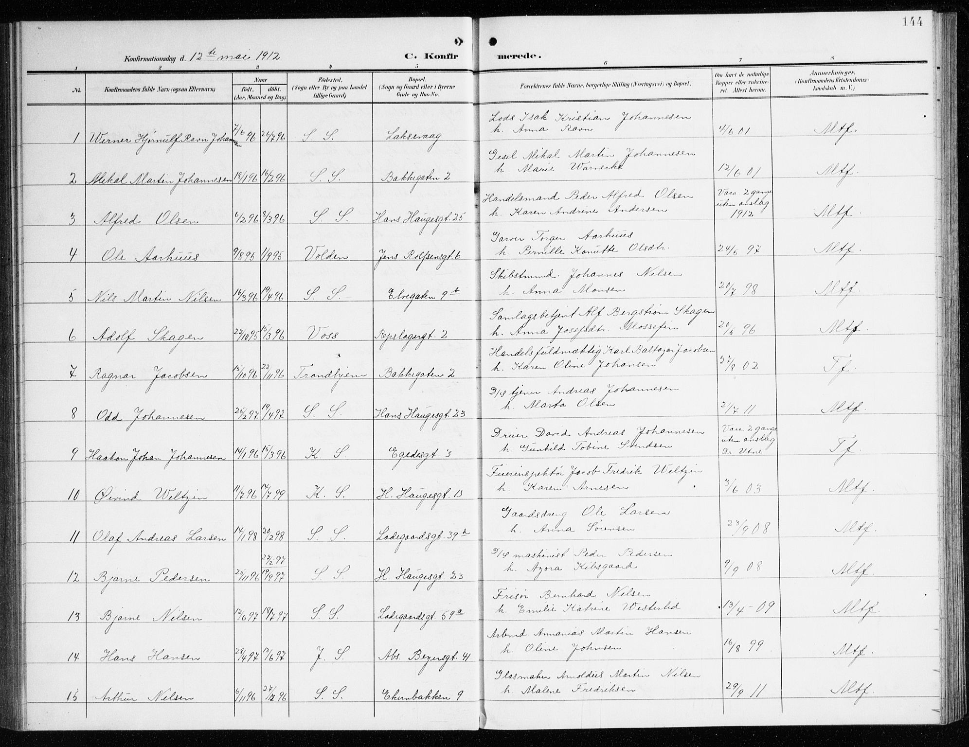 Sandviken Sokneprestembete, AV/SAB-A-77601/H/Ha/L0011: Parish register (official) no. C 2, 1905-1918, p. 144