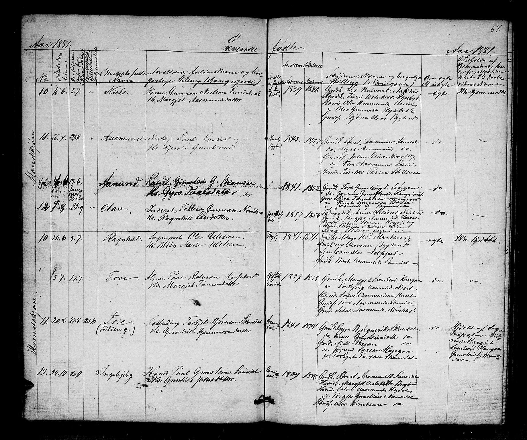 Bygland sokneprestkontor, AV/SAK-1111-0006/F/Fb/Fbb/L0002: Parish register (copy) no. B 2, 1848-1886, p. 67