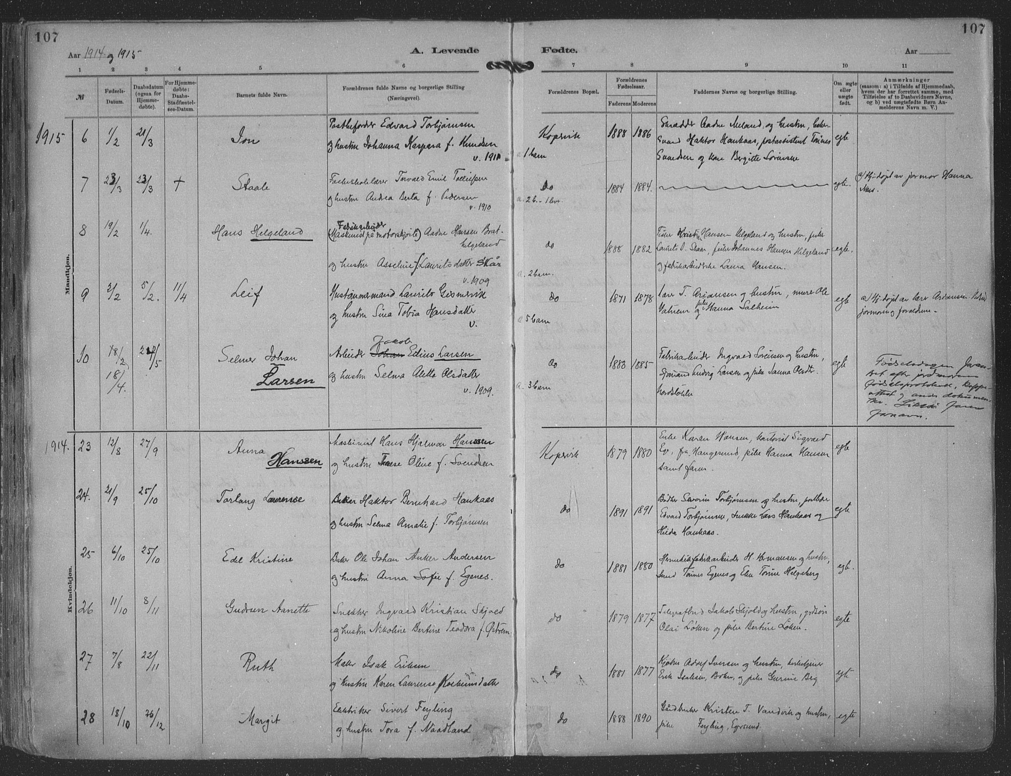 Kopervik sokneprestkontor, SAST/A-101850/H/Ha/Haa/L0001: Parish register (official) no. A 1, 1880-1919, p. 107